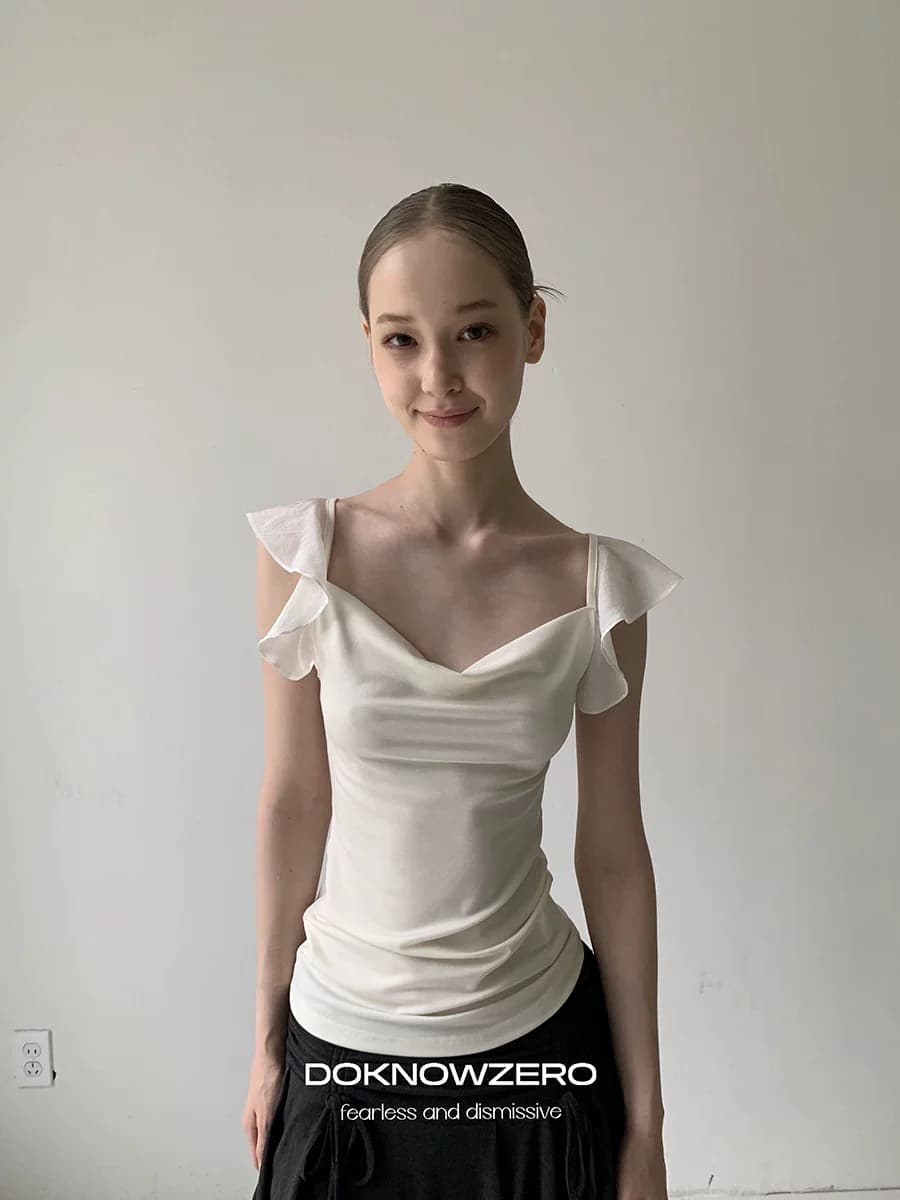 dkz 살구 색상 흔들다 칼라 조끼 여성 여름 새로운 몸매 가꾸기 디스플레이 얇고 작은 날다 소매 맨위 상세 이미지 2