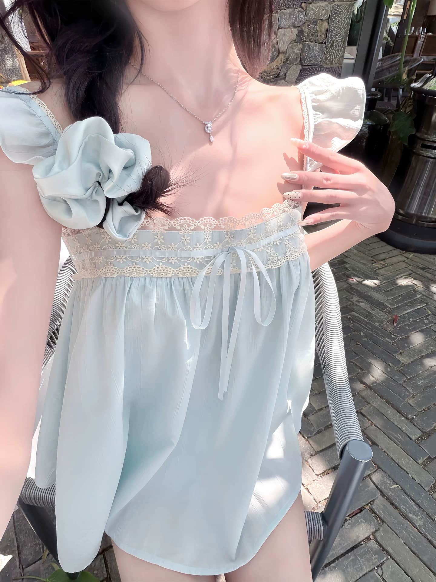 화이트 워터 여성 페이 츠 소녀 질감 센스 프릴 쉬폰 블라우스 셔츠 여성 여름 달콤한 스타일 레이스 레이스 맨위 상세 이미지 2