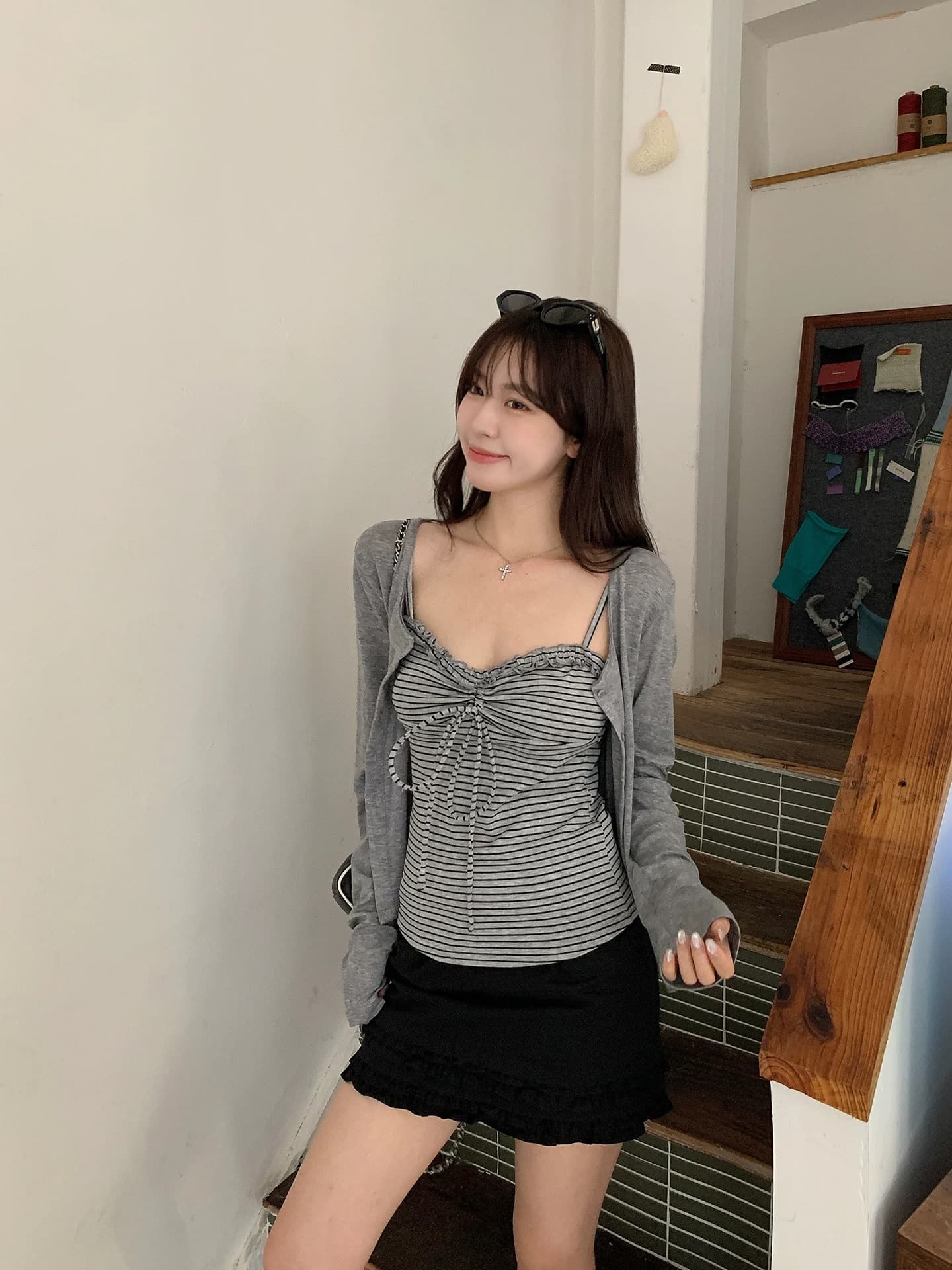 morning bloom 스트라이프 캐미솔 오픈 가디건 투피스 세트 한 부서 착용 가져 가라. 캐주얼 맨위 여성복 상세 이미지 2