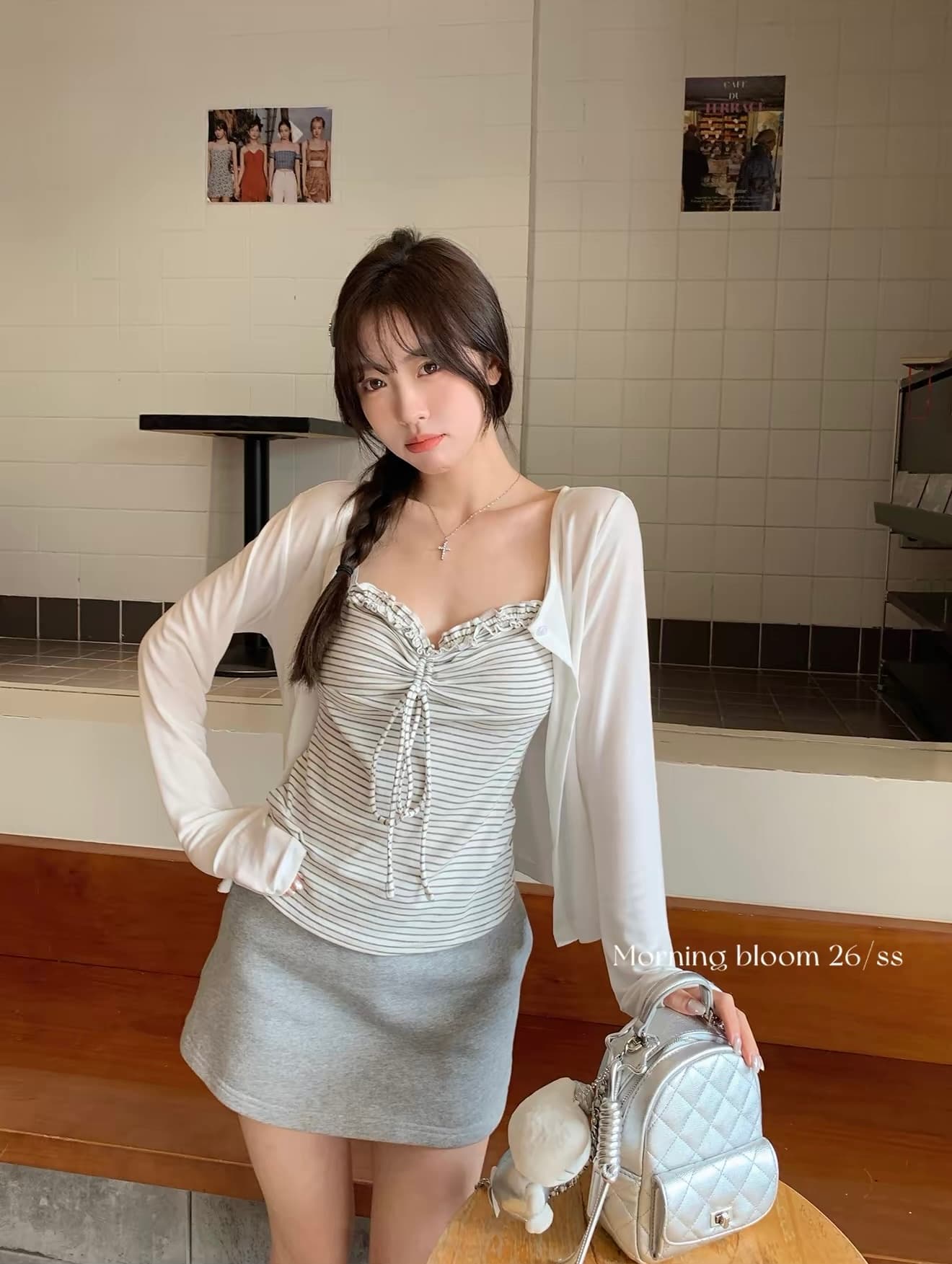 morning bloom 스트라이프 캐미솔 오픈 가디건 투피스 세트 한 부서 착용 가져 가라. 캐주얼 맨위 여성복 상세 이미지 3