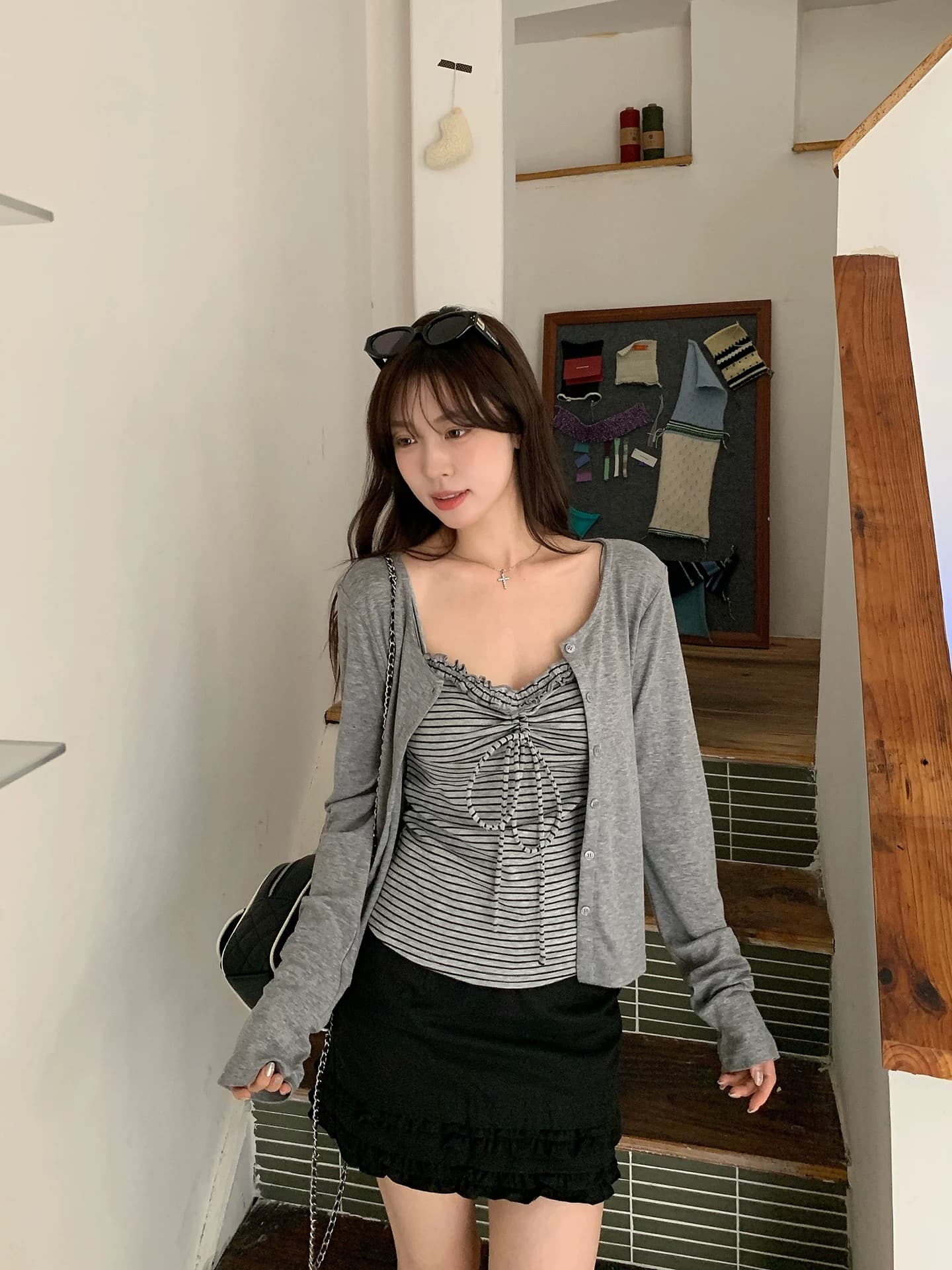 morning bloom 스트라이프 캐미솔 오픈 가디건 투피스 세트 한 부서 착용 가져 가라. 캐주얼 맨위 여성복 상세 이미지 4