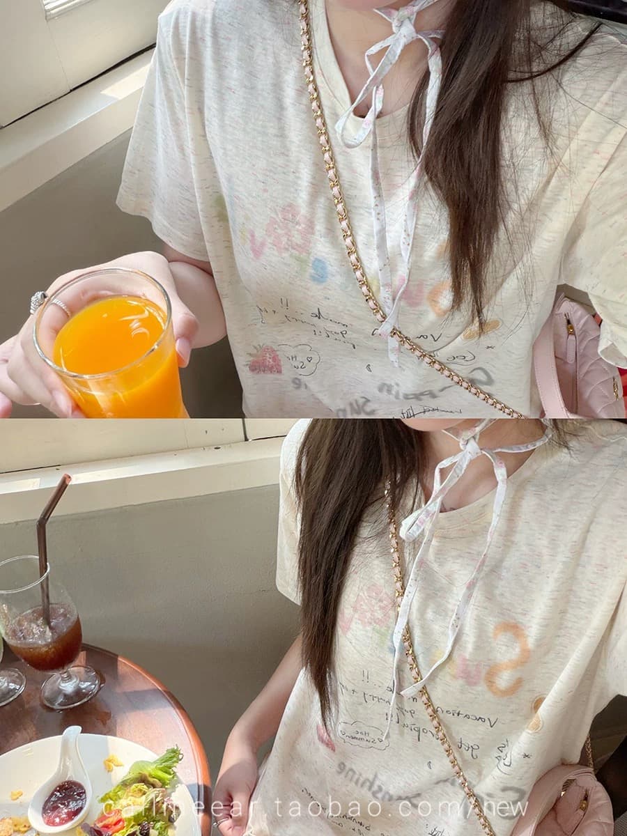 callmeear 여름 낙서 티셔츠 디자인 센스 프린트 긍정적 인 어깨 반팔 티셔츠 여성 여름 캐주얼 맨위 이미지 4