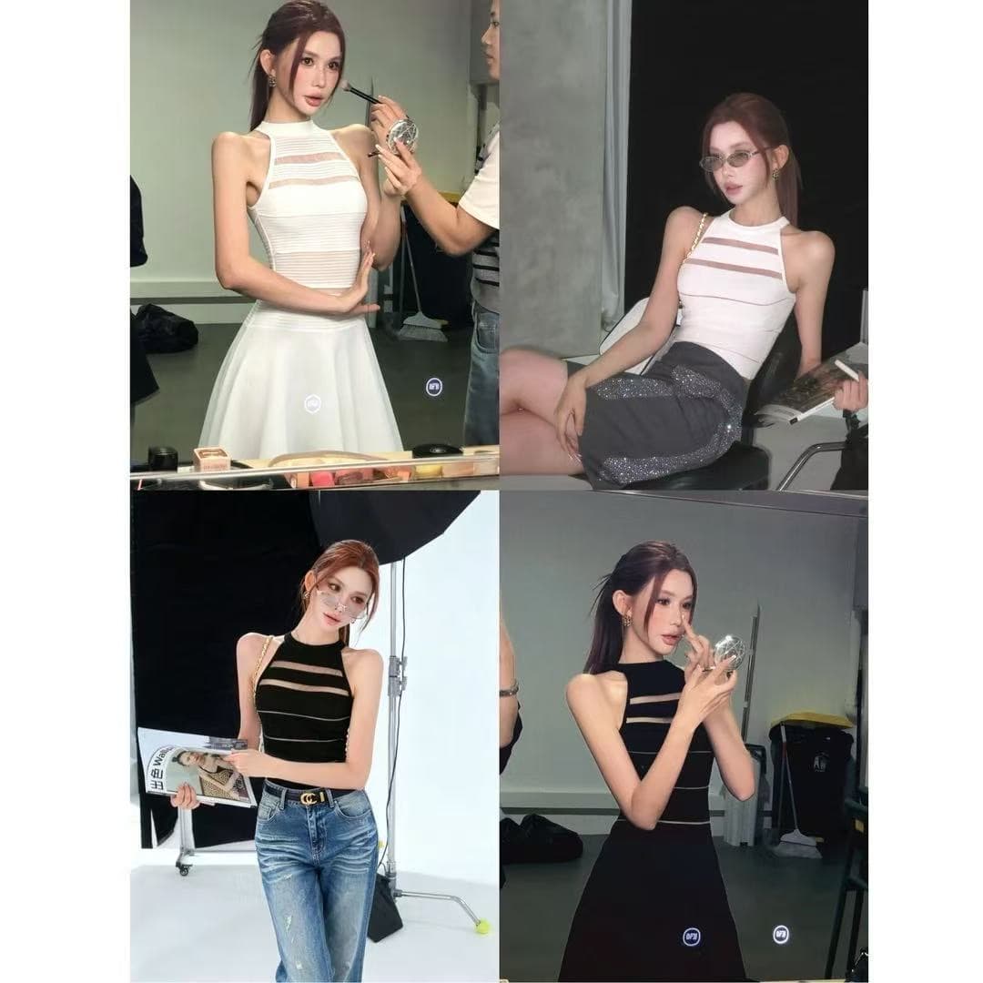 okmashop 장 원 영어 같은 단락 민소매 여성 드레스 여름 고급 센스 품격 홀로우 아웃 허리 수축 치마 상세 이미지 1