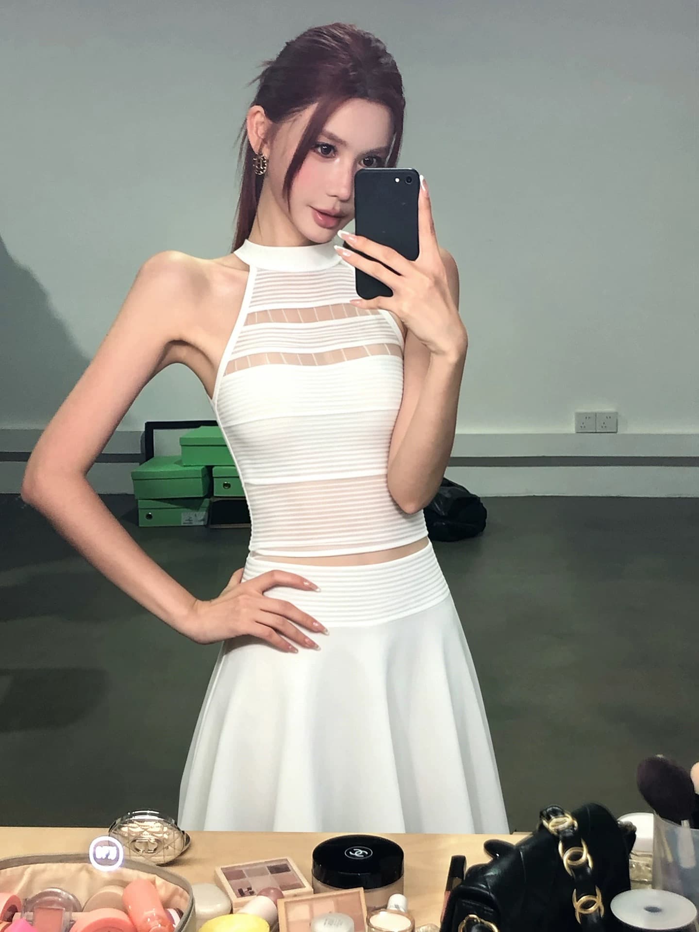 okmashop 장 원 영어 같은 단락 민소매 여성 드레스 여름 고급 센스 품격 홀로우 아웃 허리 수축 치마 상세 이미지 3