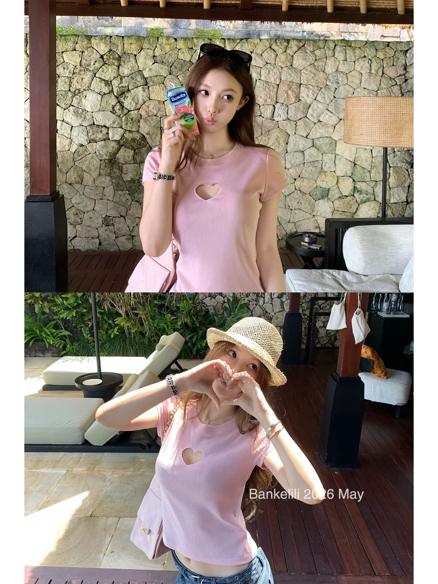 밤나무 코코아 bankelili 소녀 마음 화이트 여성 미학 작은 대중 순수한 욕망 하트 홀로우 아웃 라운드 넥 티셔츠 상세 이미지 3