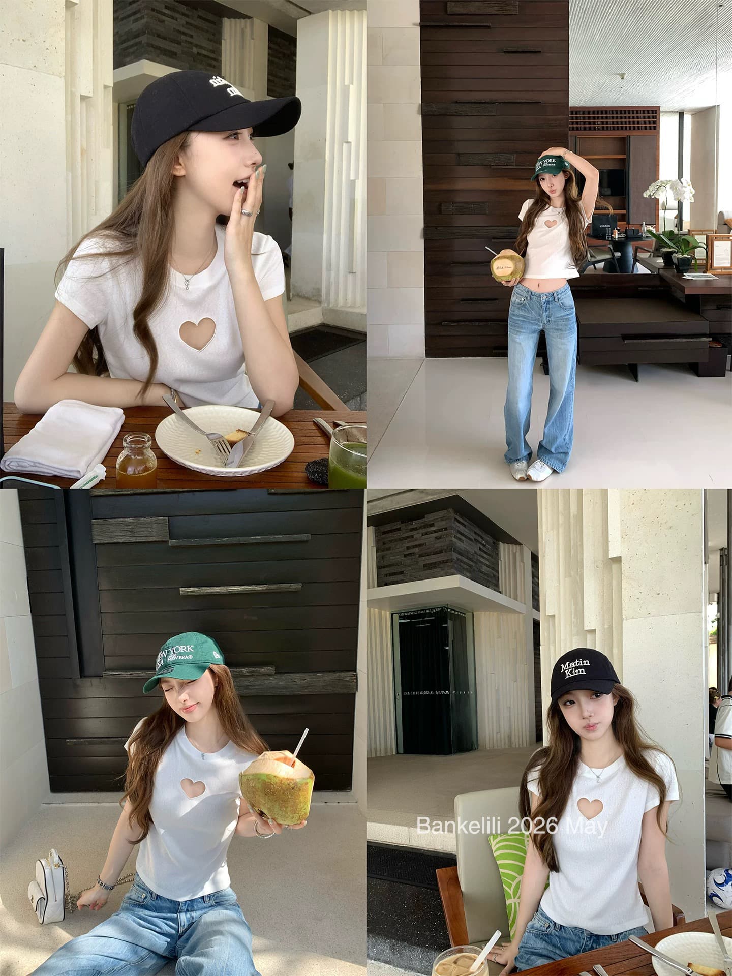 밤나무 코코아 bankelili 소녀 마음 화이트 여성 미학 작은 대중 순수한 욕망 하트 홀로우 아웃 라운드 넥 티셔츠 상세 이미지 6