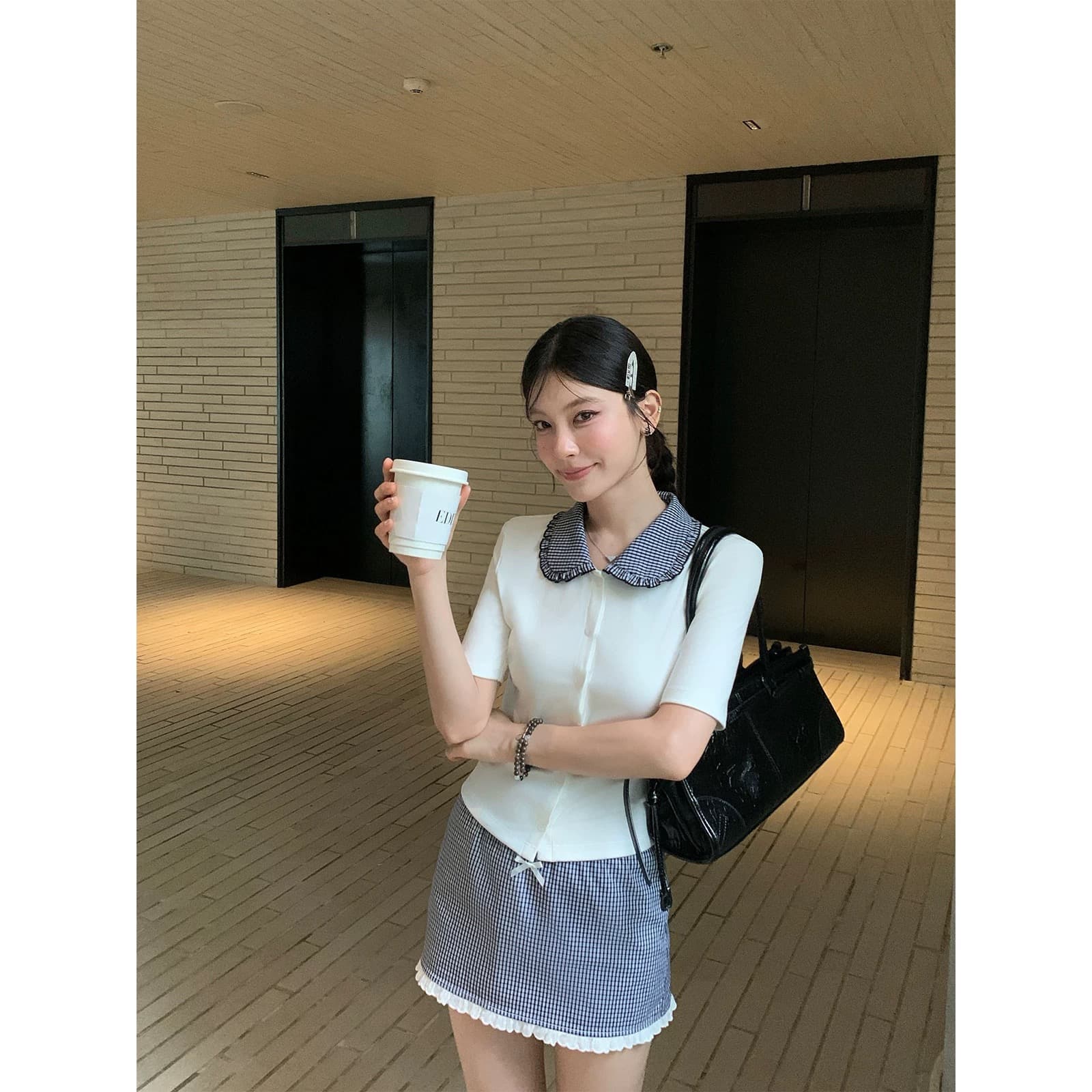 hamyiho 학원 스타일 베이비 칼라 맨위 니트 반팔 티셔츠 여성 여름 한 마디 반신 스커트 점프 슈트 치마 세트 이미지 3