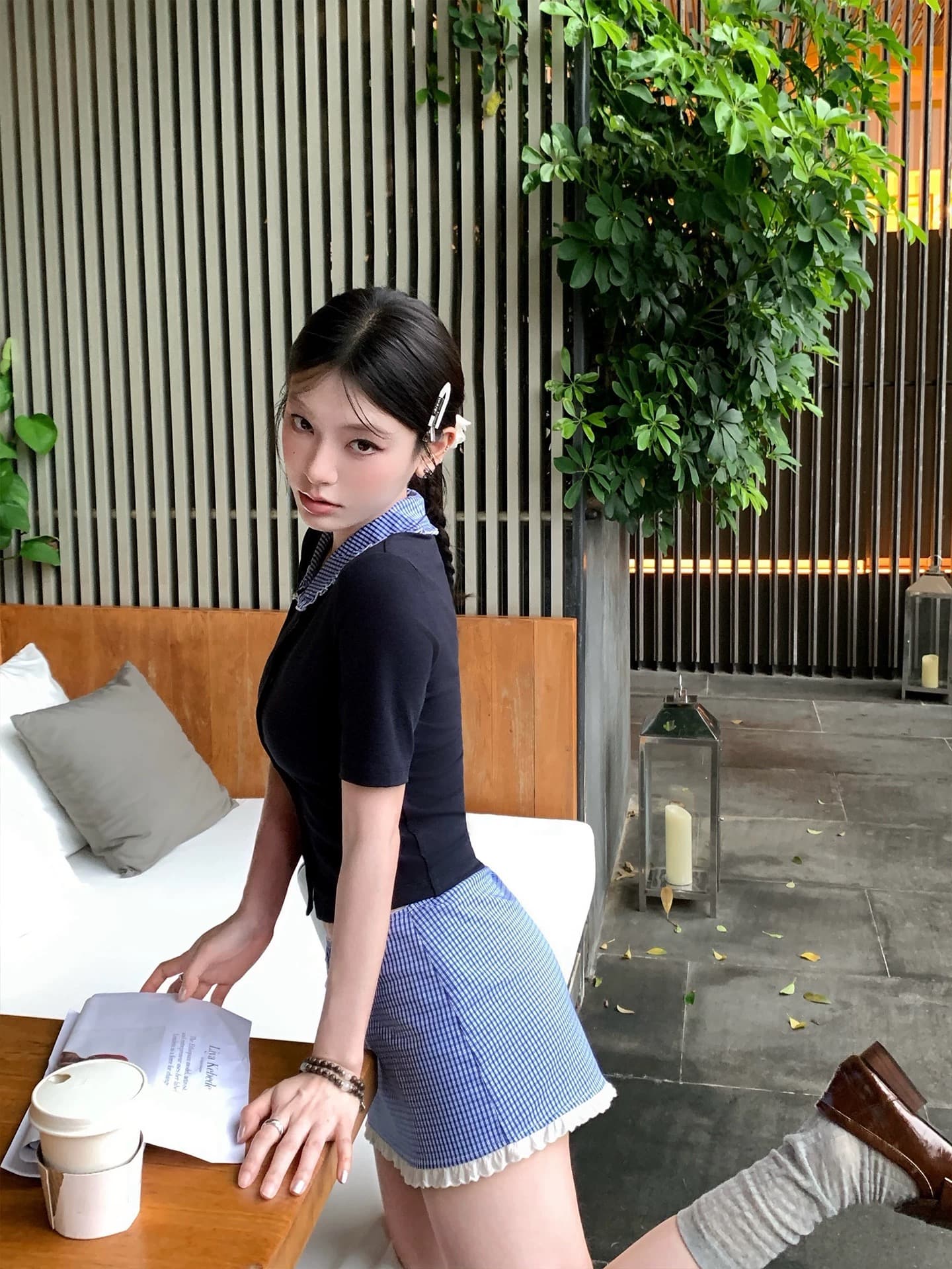 hamyiho 학원 스타일 베이비 칼라 맨위 니트 반팔 티셔츠 여성 여름 한 마디 반신 스커트 점프 슈트 치마 세트 이미지 4
