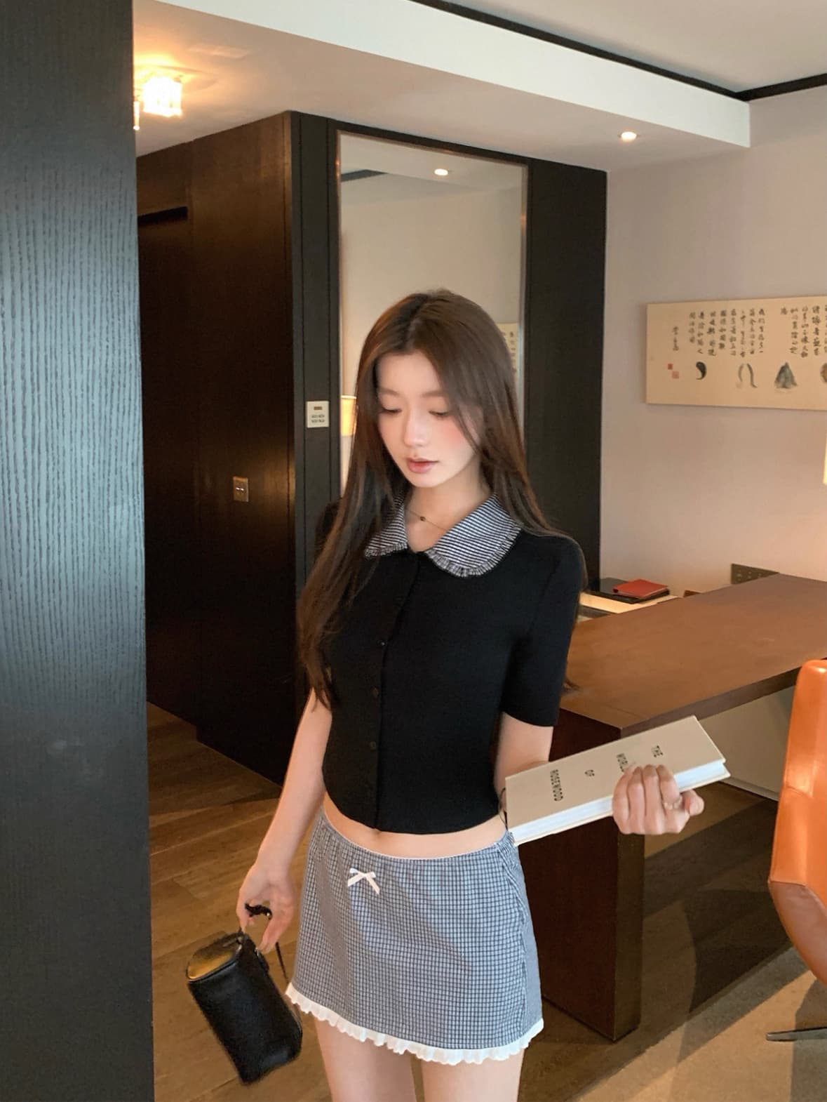 hamyiho 학원 스타일 베이비 칼라 맨위 니트 반팔 티셔츠 여성 여름 한 마디 반신 스커트 점프 슈트 치마 세트