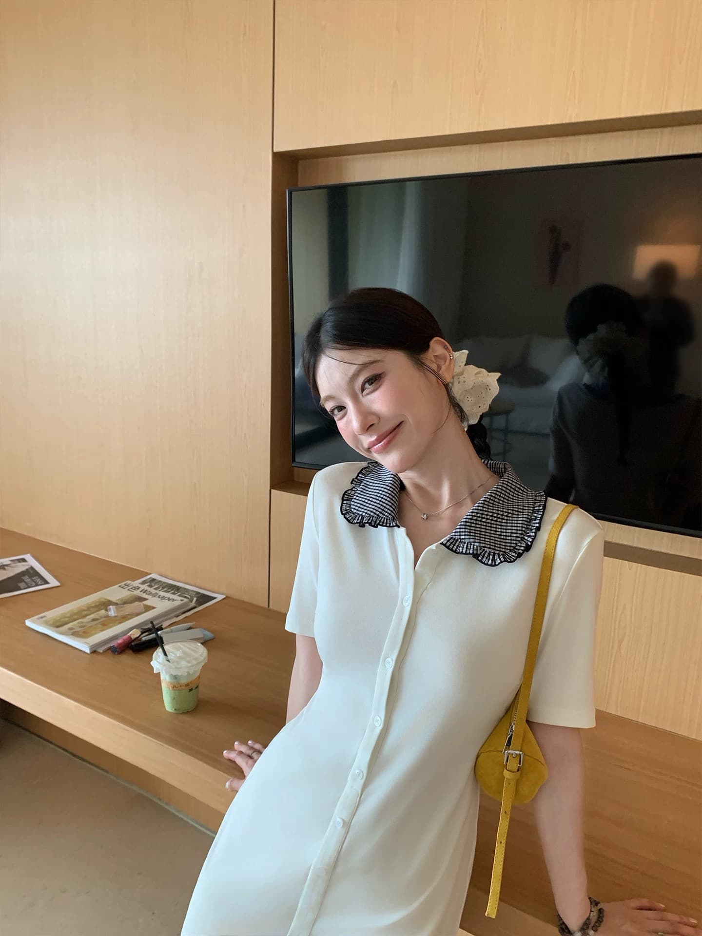 hamyiho 학원 스타일 베이비 칼라 맨위 니트 반팔 티셔츠 여성 여름 한 마디 반신 스커트 점프 슈트 치마 세트 상세 이미지 2
