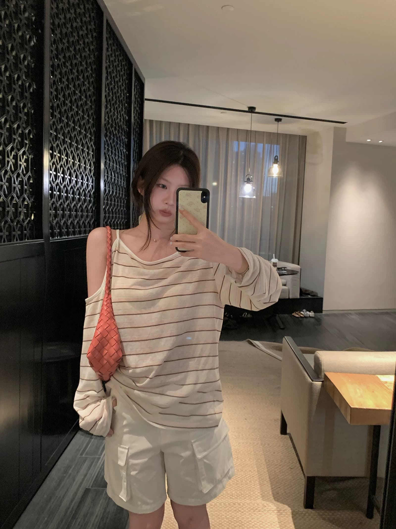 opening 직접 만든 산소 스트라이프 라이 경기 서울 슬립 작은 심장 기계 오프숄더 긴팔 티셔츠 이미지 3