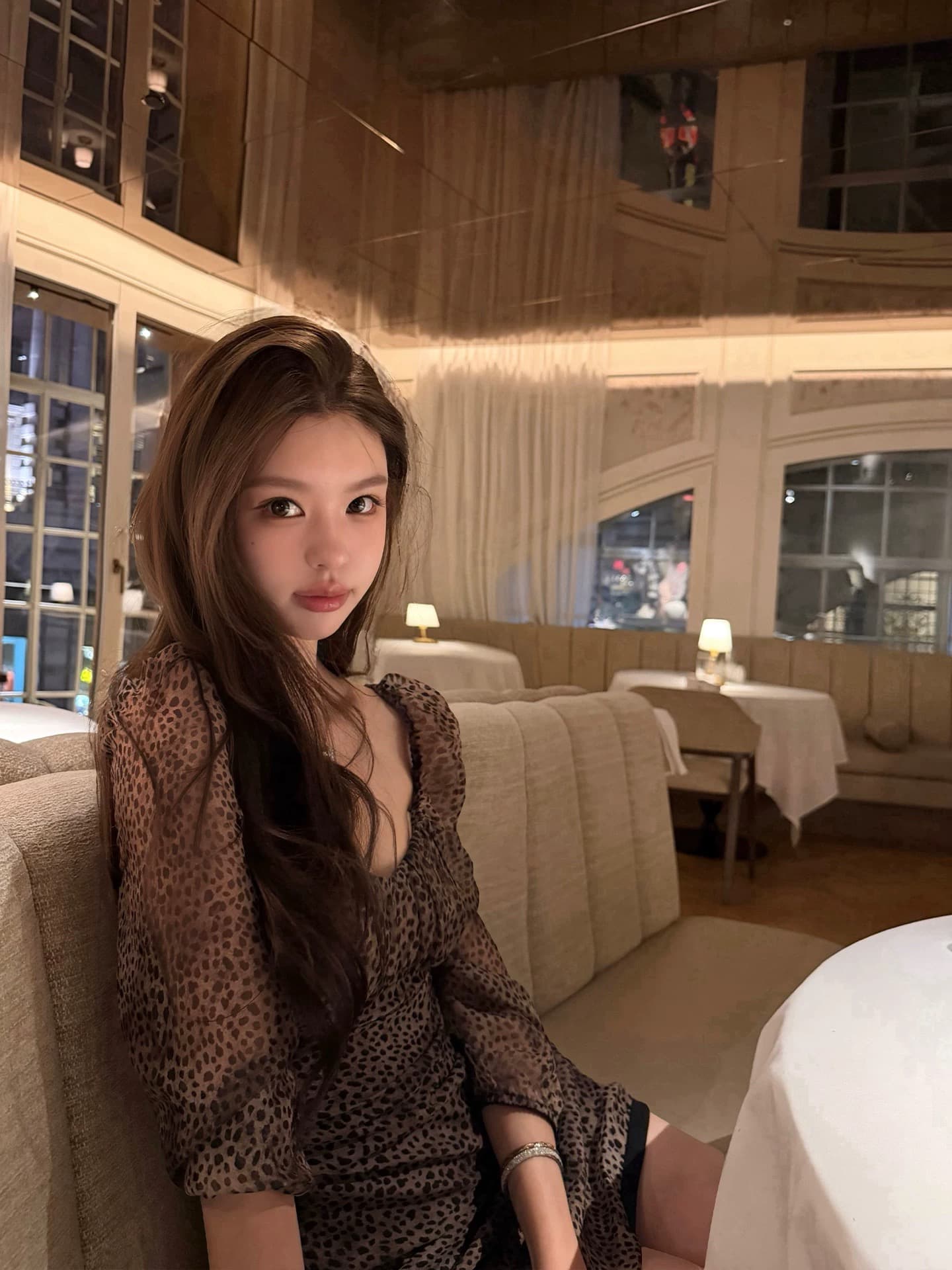안녕하세요. 팬 팬 느긋한 우유 표범 레오파드 무늬 광장 칼라 드레스 프린트 슬립 드레스 7부 소매 맨위 상세 이미지 6
