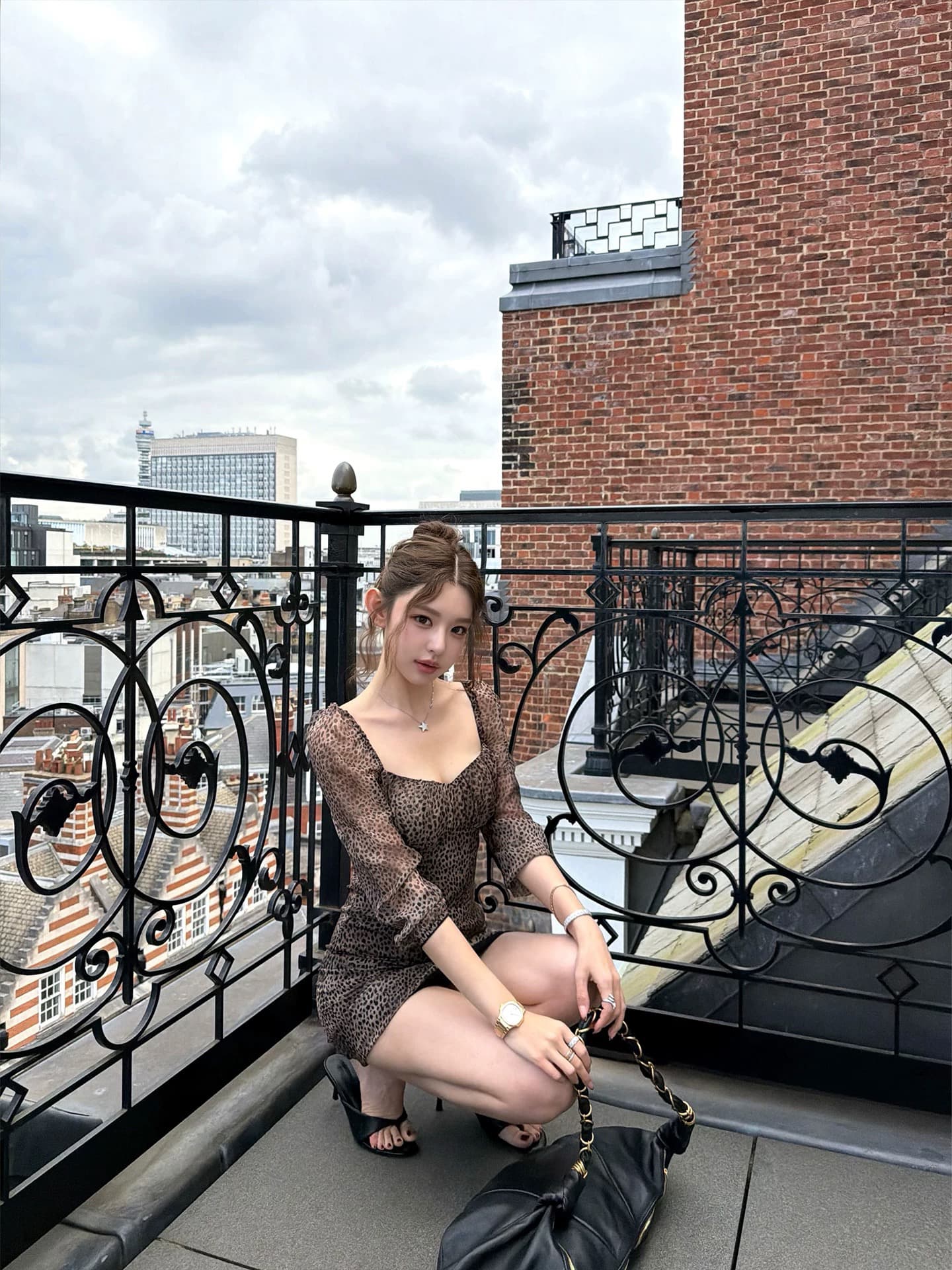 안녕하세요. 팬 팬 느긋한 우유 표범 레오파드 무늬 광장 칼라 드레스 프린트 슬립 드레스 7부 소매 맨위 상세 이미지 7