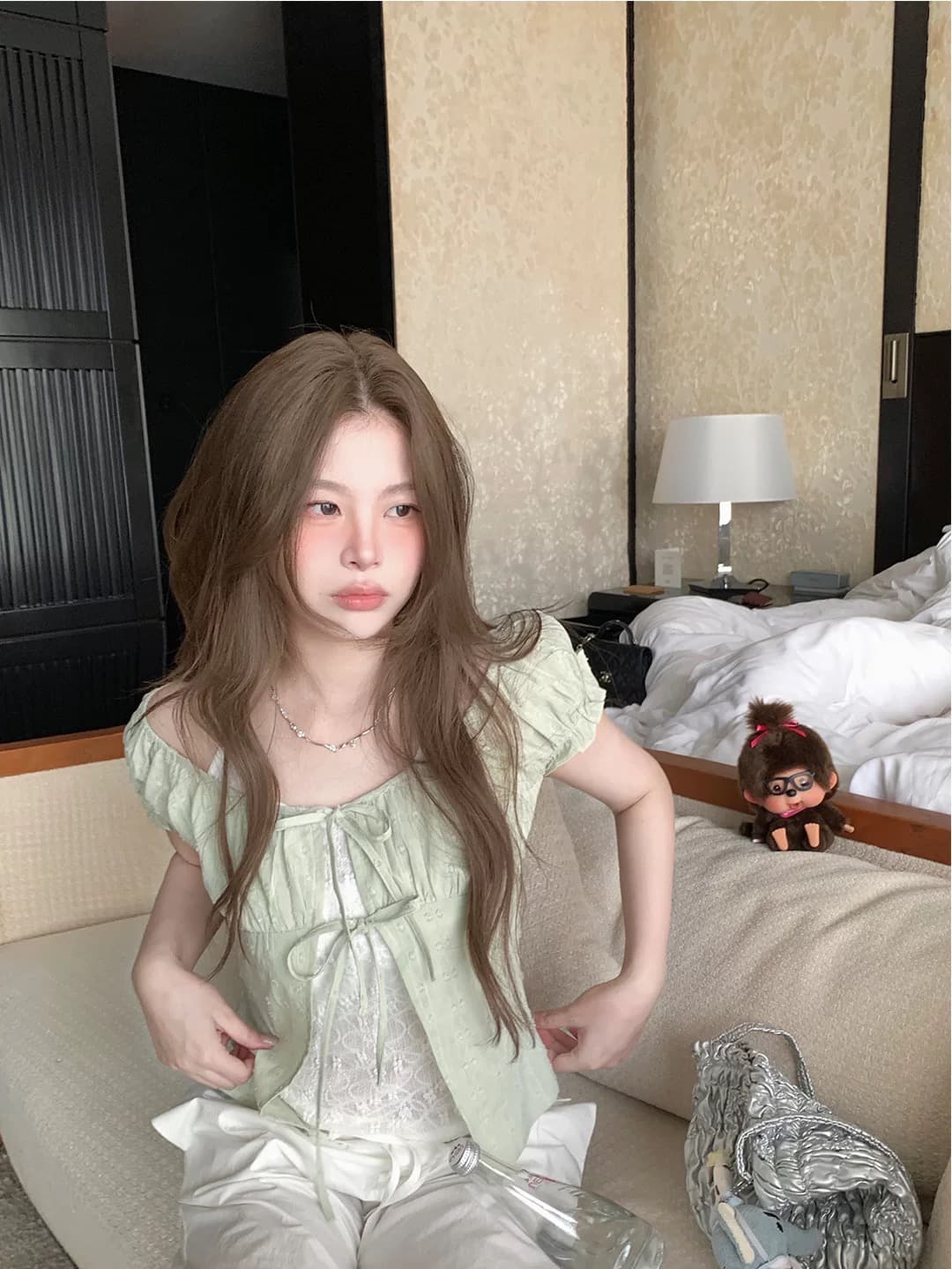 sasaouni 한 부서 디자인 센스 레이스 조각 페이크 레이어드 여성 셔츠 거품 소매 허리 수축 슬림해 보이는 행침 목 맨위