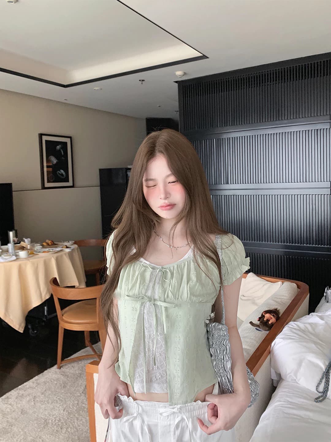 sasaouni 한 부서 디자인 센스 레이스 조각 페이크 레이어드 여성 셔츠 거품 소매 허리 수축 슬림해 보이는 행침 목 맨위 이미지 3