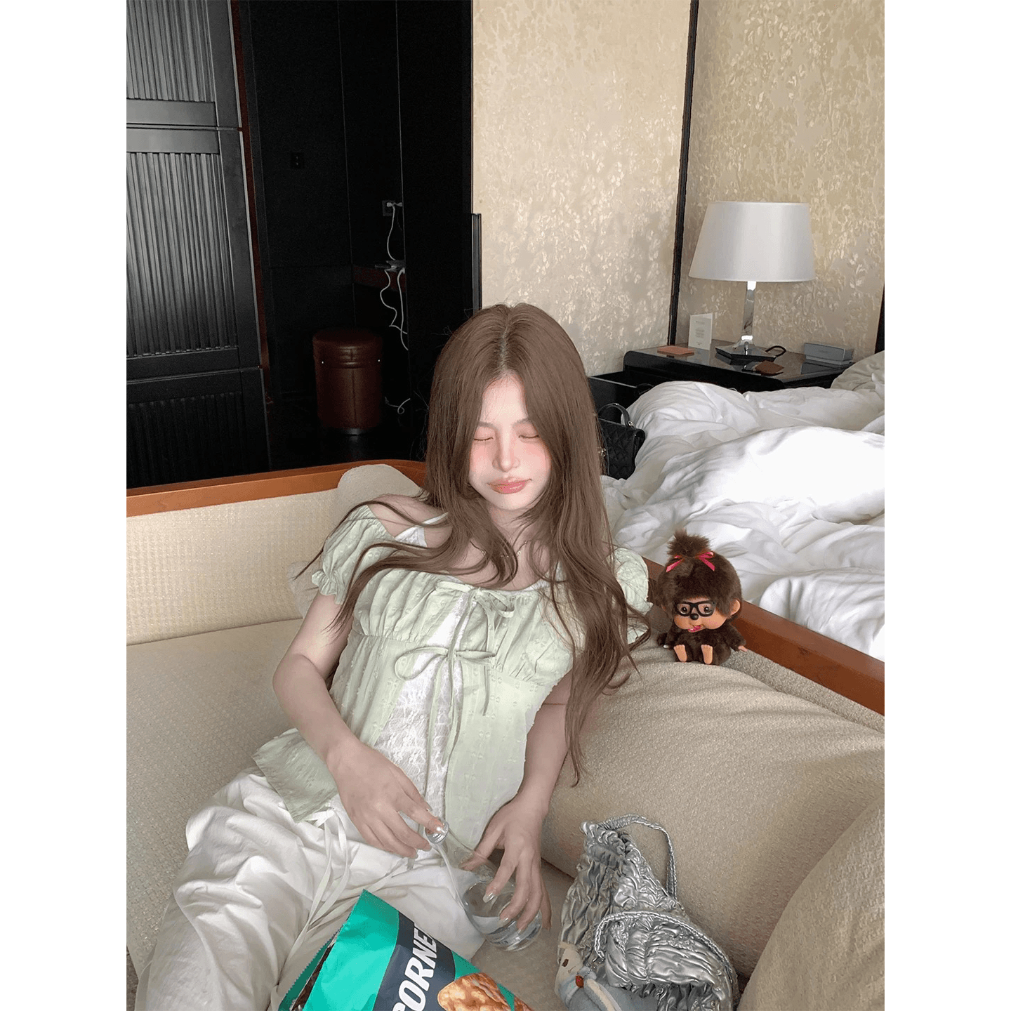 sasaouni 한 부서 디자인 센스 레이스 조각 페이크 레이어드 여성 셔츠 거품 소매 허리 수축 슬림해 보이는 행침 목 맨위 이미지 5
