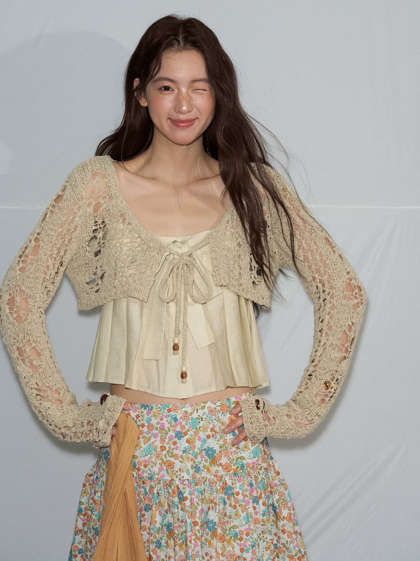 soolrok 소나무 아니요 라임 하나 여름 오리지널 패치워크 니트 홀로우 아웃 쇼트 스타일 다용도 자외선 차단 오픈 가디건 맨위