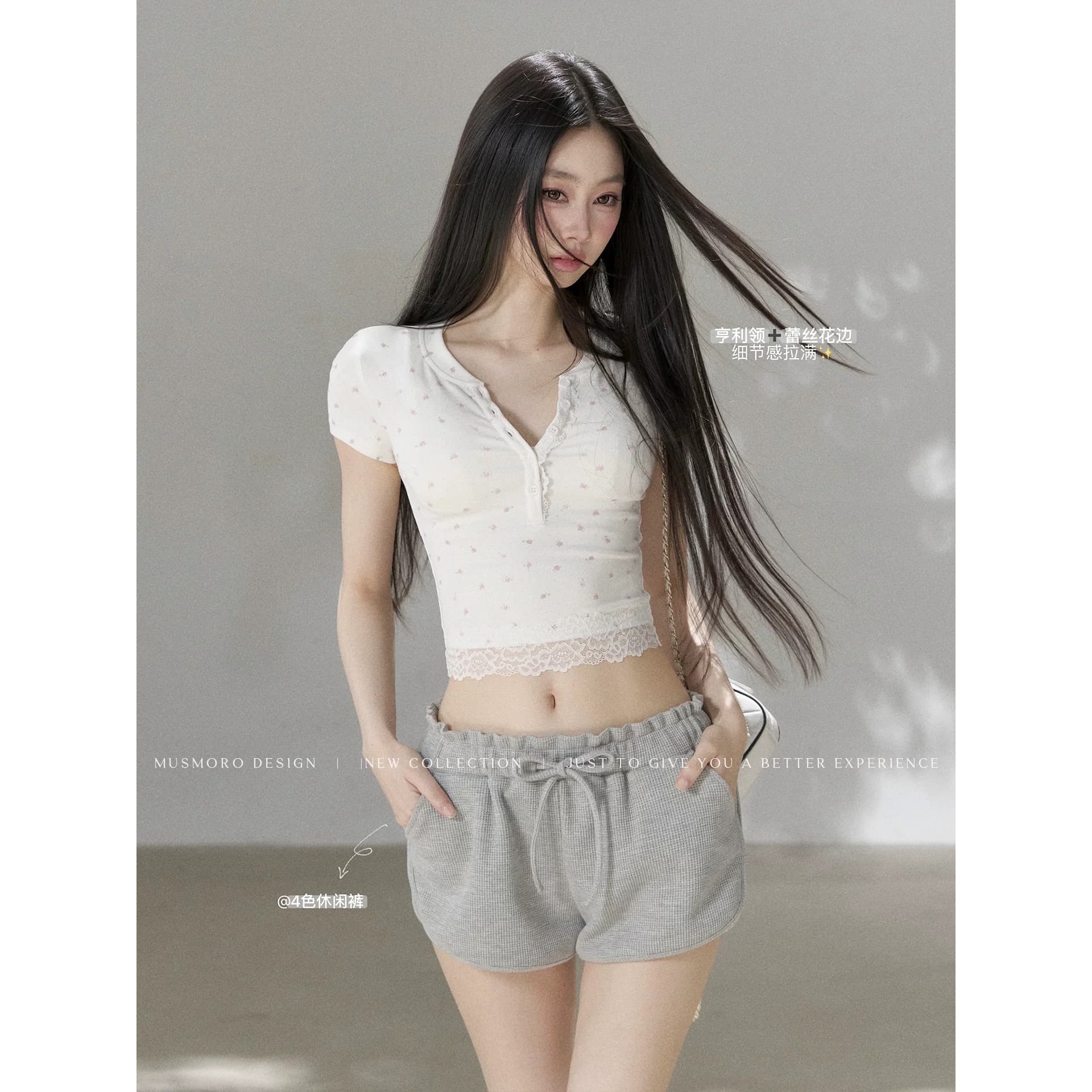 musmoro 타이트 헨리 칼라 네클라인 밑단 패치워크 같은 색상 레이스 레이스 몸매 가꾸기 꽃무늬 긍정적 인 어깨 반팔 티셔츠 이미지 5