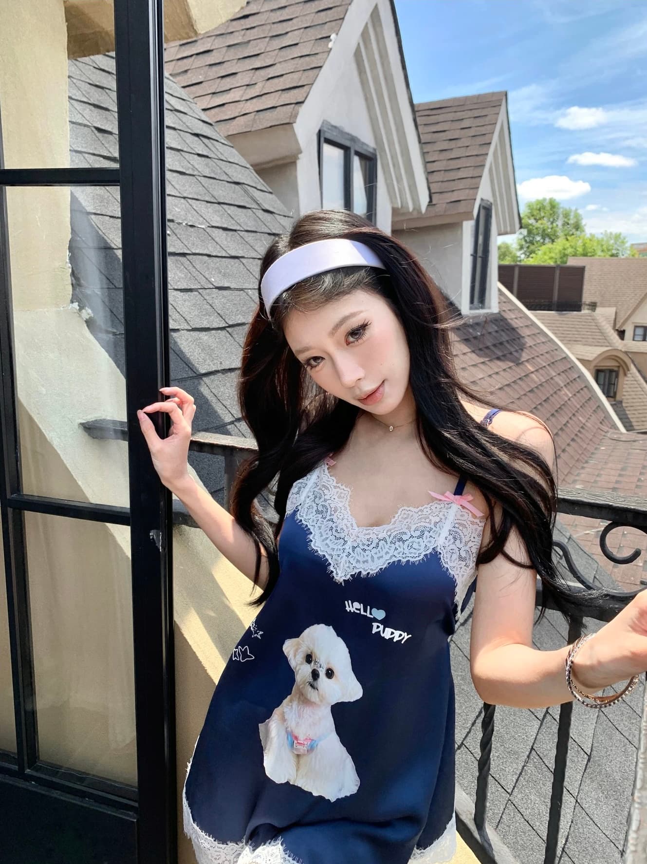pinksoya 분말 콩 강아지 프린트 레이스 조각 드레스 여성 레저 루즈핏 다용도 연령 감소 미니 스커트 상세 이미지 2