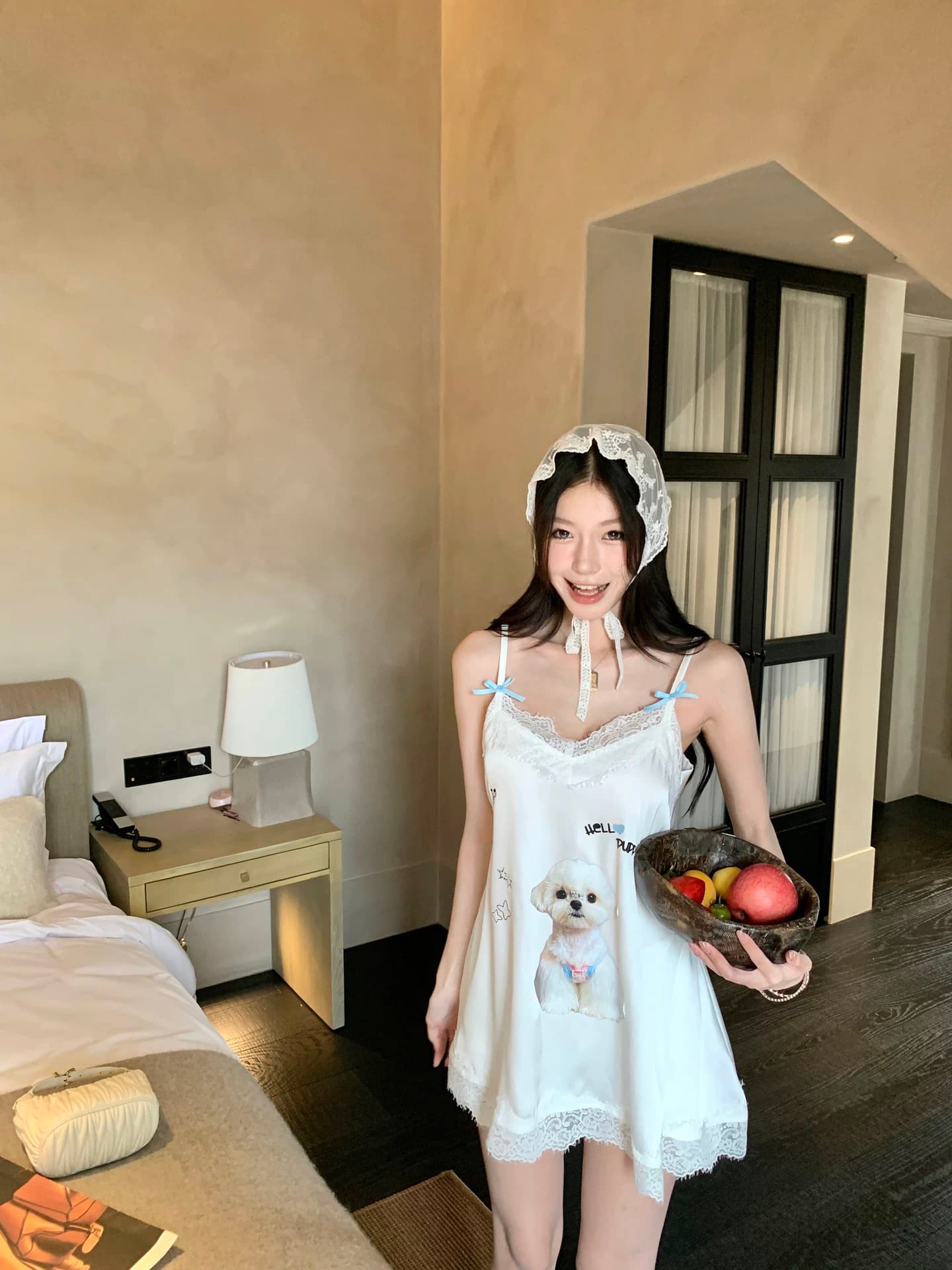 pinksoya 분말 콩 강아지 프린트 레이스 조각 드레스 여성 레저 루즈핏 다용도 연령 감소 미니 스커트 상세 이미지 3