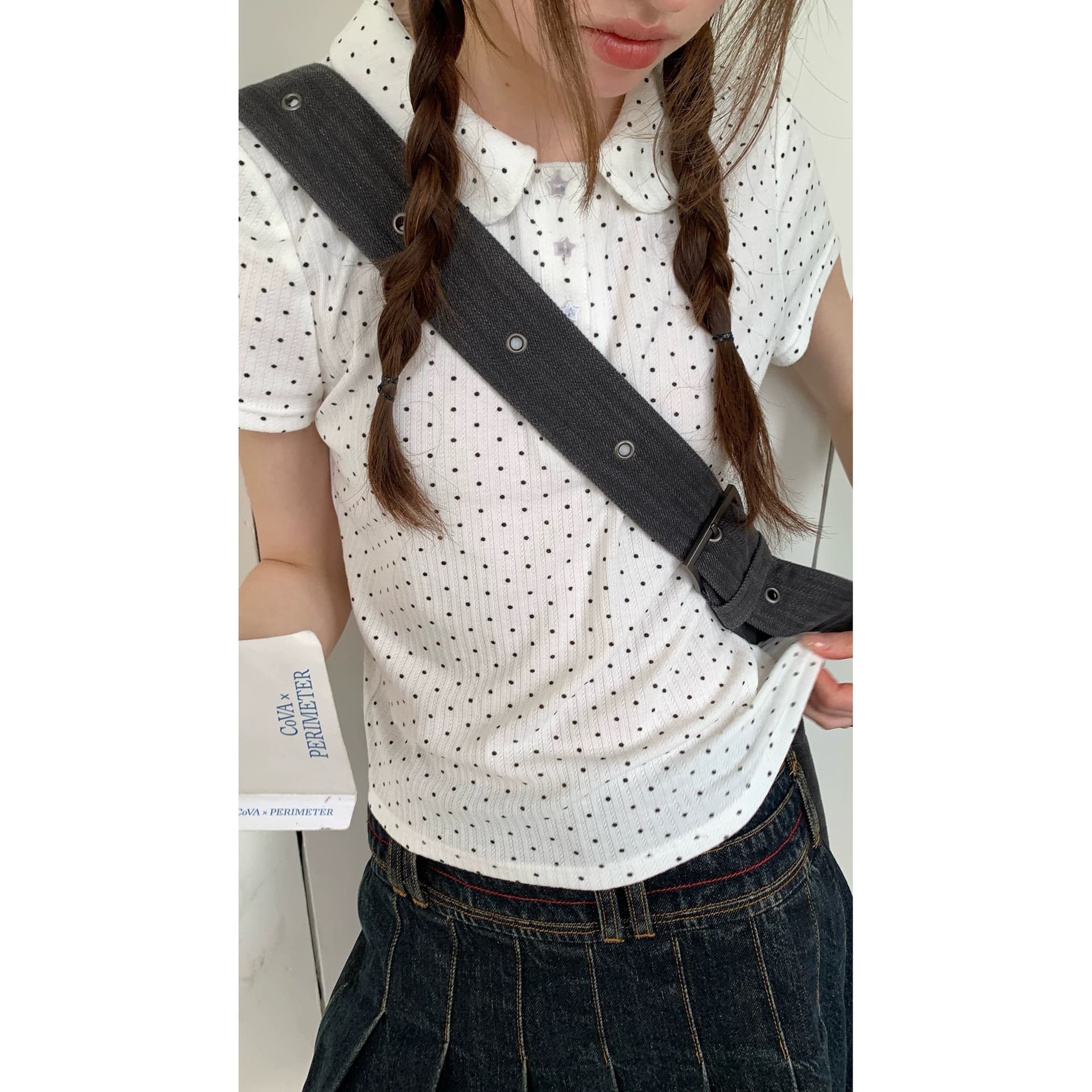 rainy 한 부서 달콤한 미적 감각 베이비 칼라 티셔츠 여름 여성 POLO 칼라 도트 무늬 별 버클 연령 감소 반팔 맨위 이미지 5