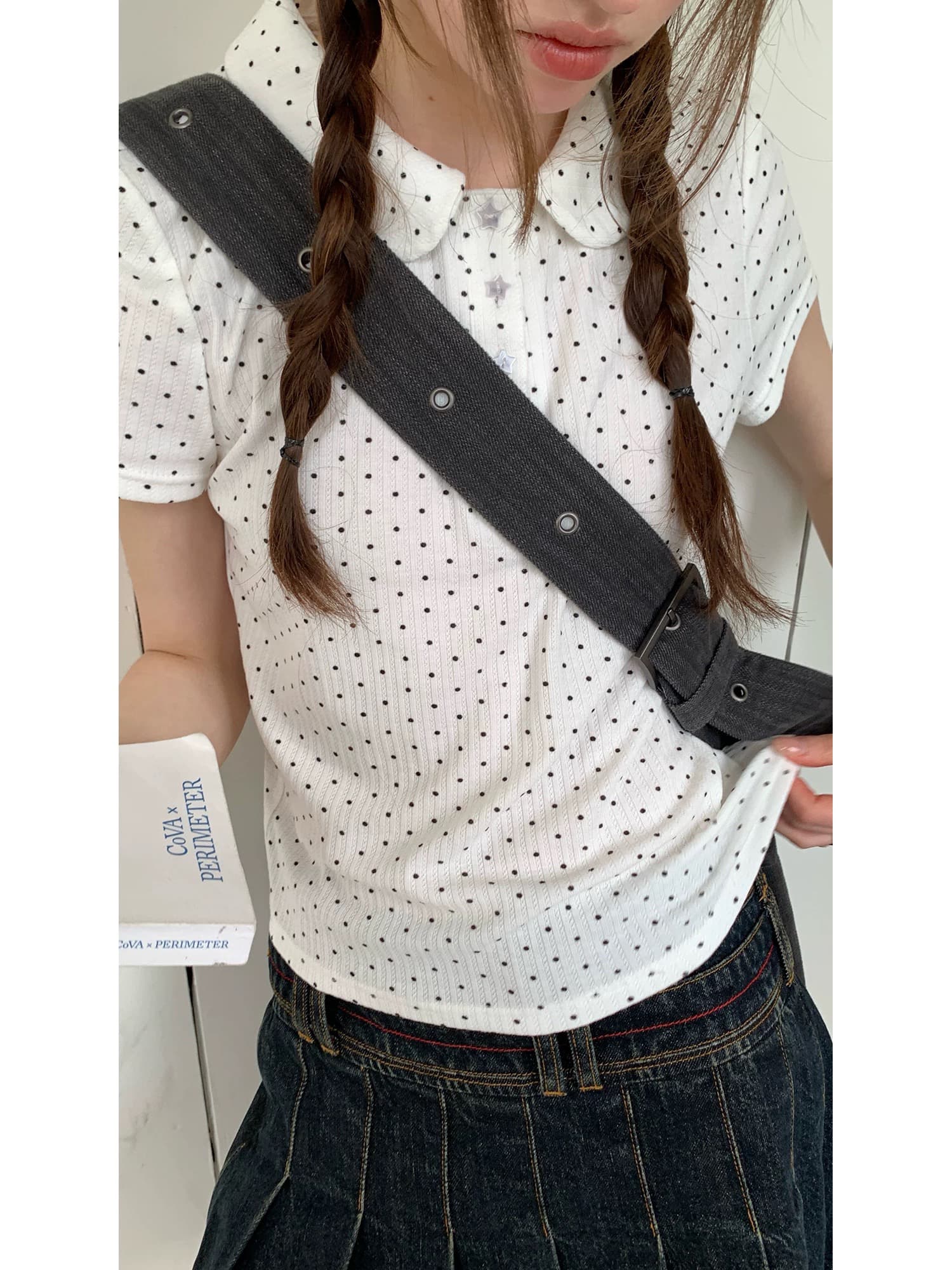 rainy 한 부서 달콤한 미적 감각 베이비 칼라 티셔츠 여름 여성 POLO 칼라 도트 무늬 별 버클 연령 감소 반팔 맨위 상세 이미지 6