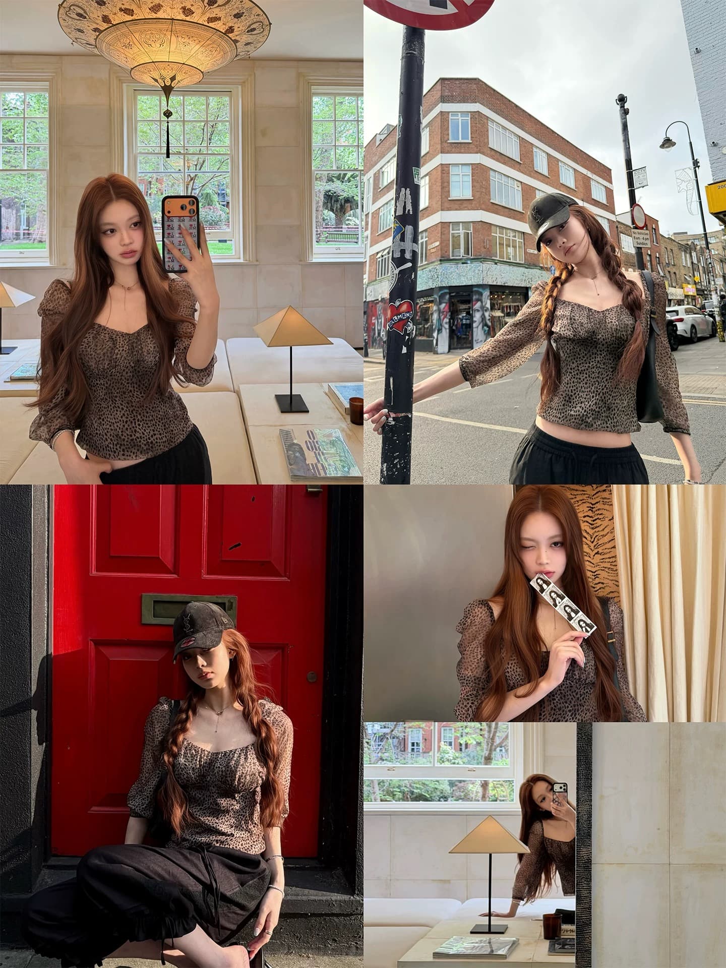안녕하세요. 팬 팬 느긋한 우유 표범 레오파드 무늬 광장 칼라 드레스 프린트 슬립 드레스 7부 소매 맨위 상세 이미지 3