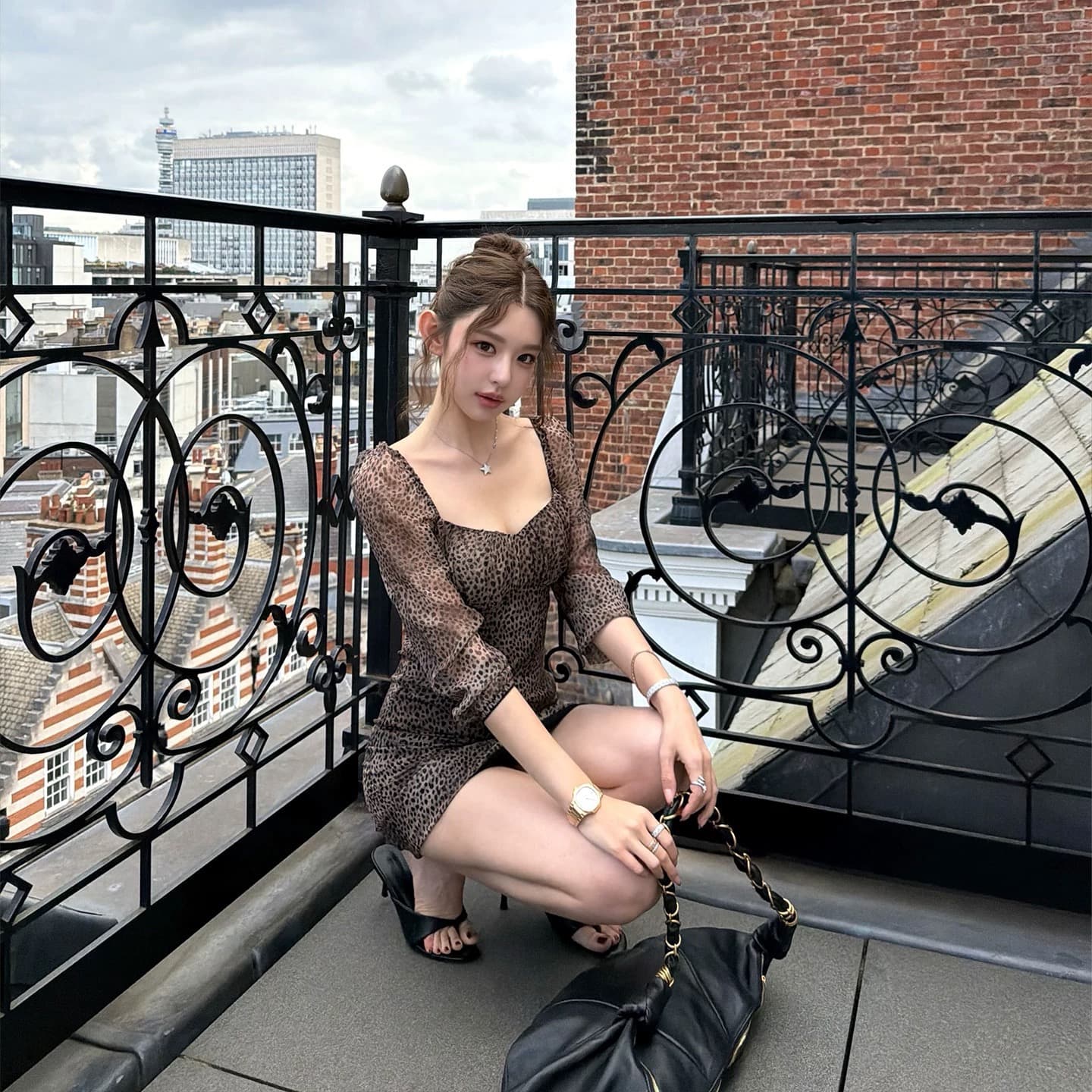 안녕하세요. 팬 팬 느긋한 우유 표범 레오파드 무늬 광장 칼라 드레스 프린트 슬립 드레스 7부 소매 맨위 이미지 5