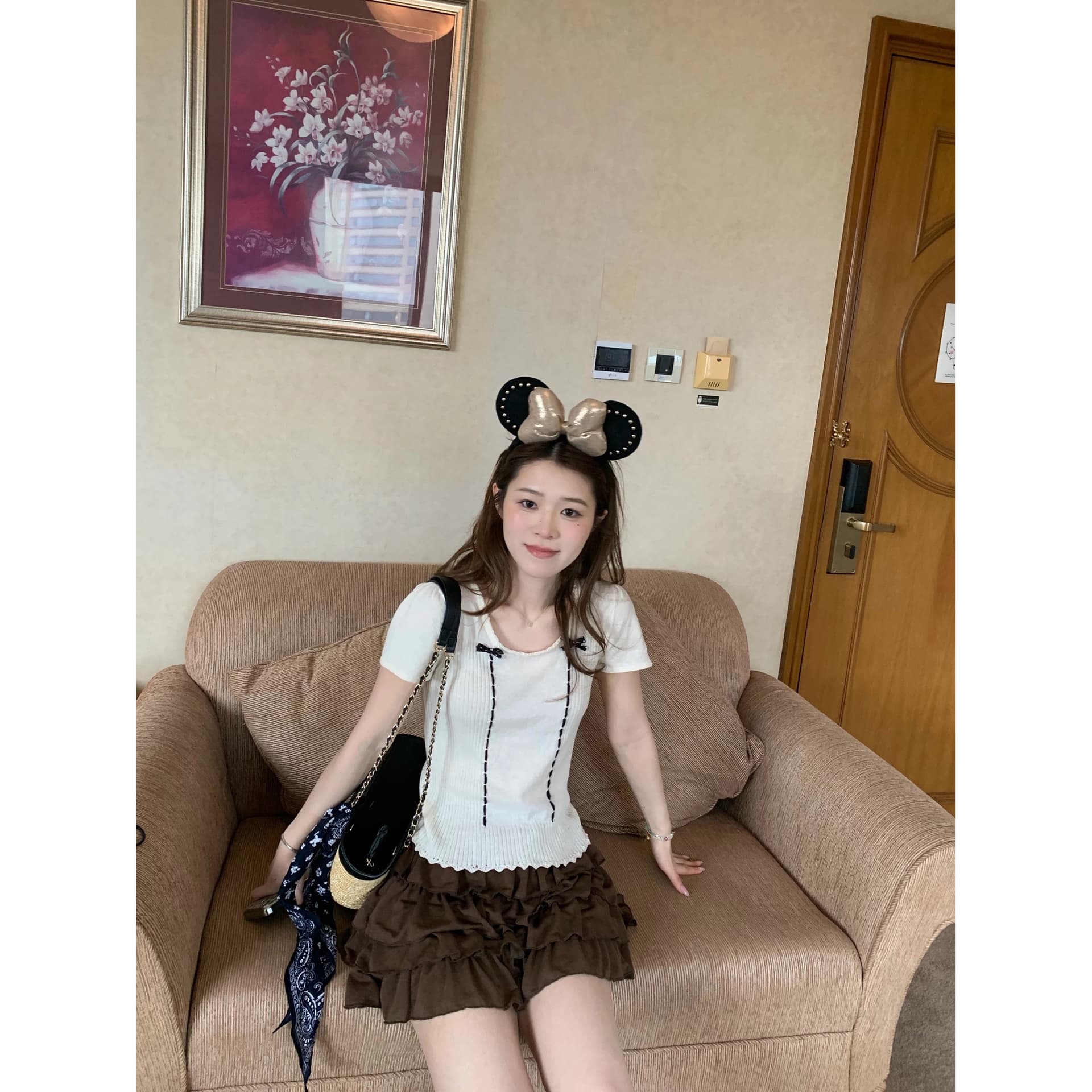yoursjin miu 부서 레이스 나비 매듭 소녀 센스 니트 스웨터 반팔 t 닫기 피팅 면 100% 얇은 스타일 이미지 5