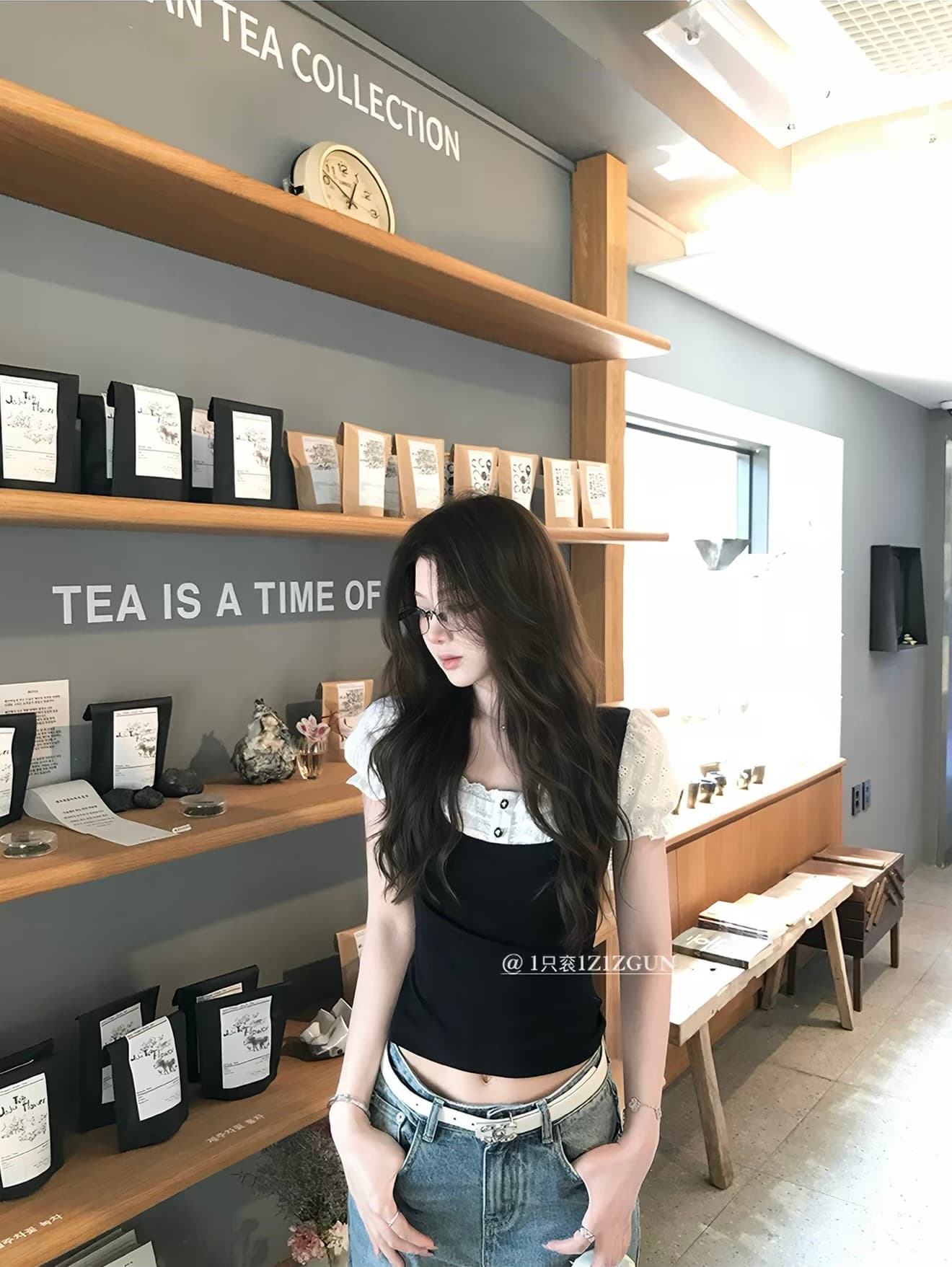 1개 다곤 1z1zgun 블랙 달콤한 마이크로 페이크 레이어드 레이스 조각 반팔 잘 행동 한 거품 소매 레이스 맨위 상세 이미지 2