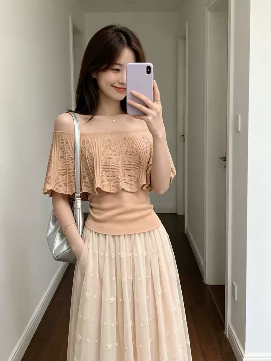 한 부서 부드러운 바람 오프숄더 홀로우 아웃 니트 스웨터 여성 여름 새로운 품격 몸매 가꾸기 슬림해 보이는 다용도 연령 감소 맨위 이미지 2