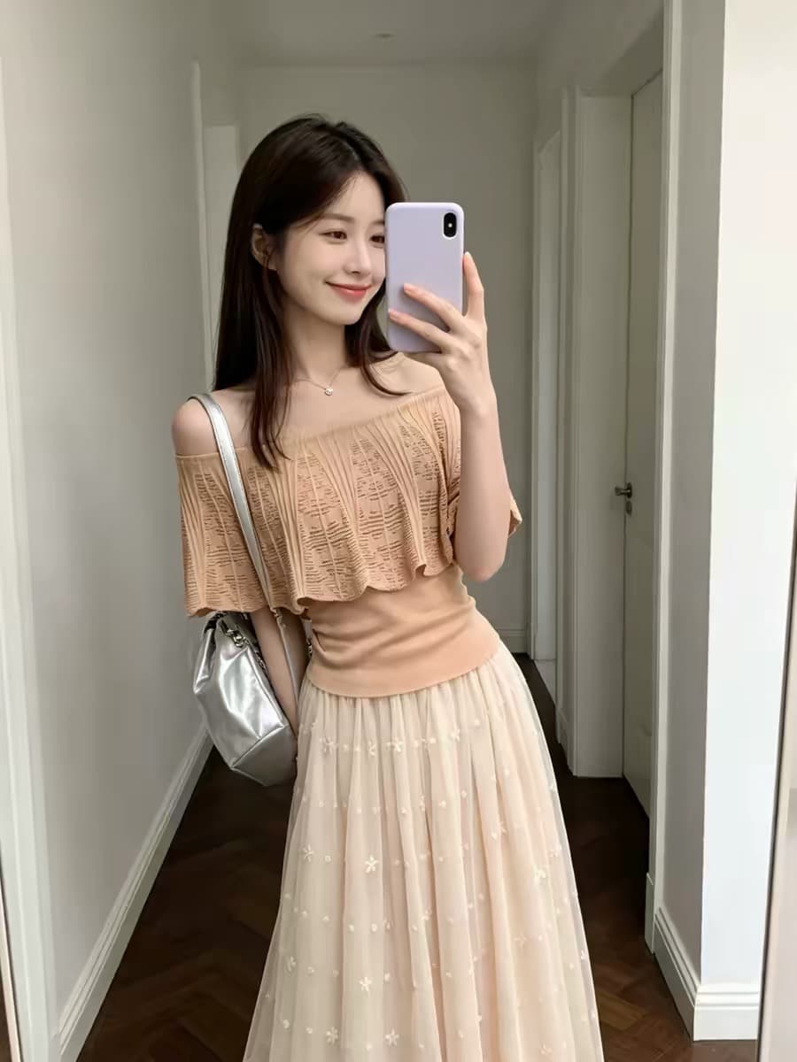 한 부서 부드러운 바람 오프숄더 홀로우 아웃 니트 스웨터 여성 여름 새로운 품격 몸매 가꾸기 슬림해 보이는 다용도 연령 감소 맨위 이미지 4