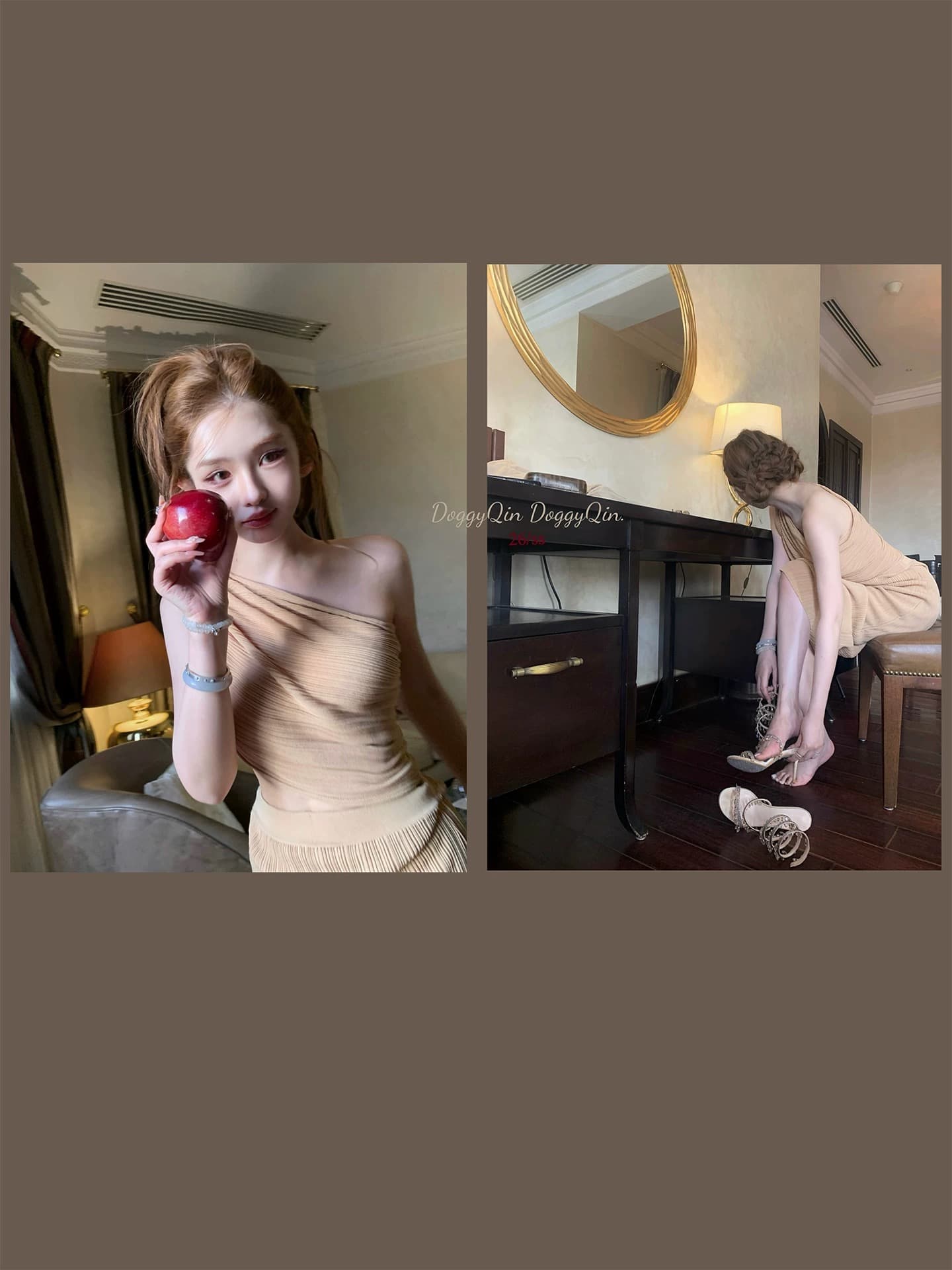 doggyqin 세 하우스 스타일 모방 아마 비대칭 비스듬한 어깨 의류 여름 수직 곡물 질감 센스 반신 치마 세트 상세 이미지 4