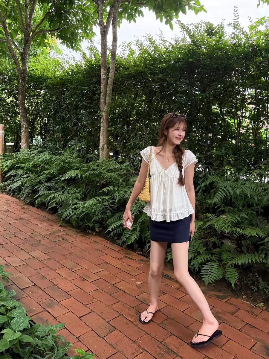 im ~까지 프랑스식 달콤한 소스 V넥 레이스 조각 프릴 맨위 여성 자카드 명중 가져 가라. 작은 날다 소매 인형 셔츠 상세 이미지 3