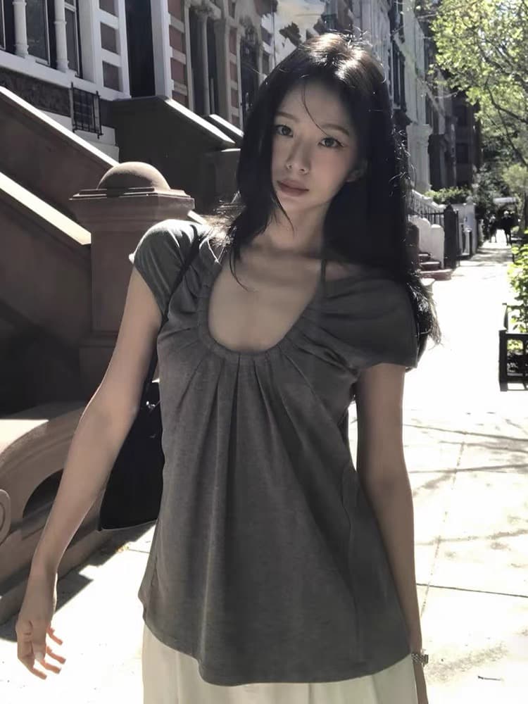 한국 farven 동대문 구매 디자인 센스 u 칼라 행침 목 레이스업 펌프 로프 반팔 맨위 여성