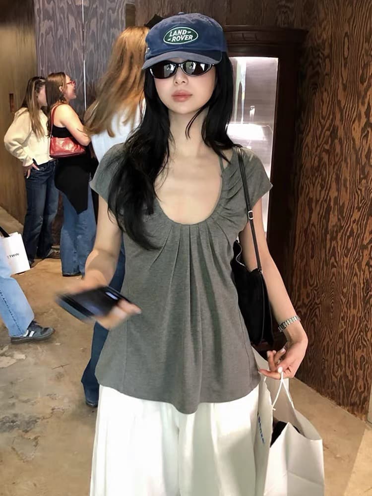 한국 farven 동대문 구매 디자인 센스 u 칼라 행침 목 레이스업 펌프 로프 반팔 맨위 여성 상세 이미지 2