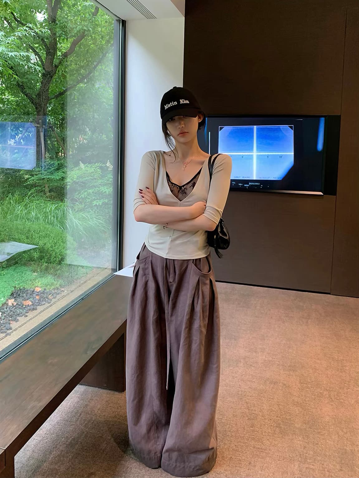 sheepland 느슨함 거리 밖 주간 실크 아마 명중 Pleat 캐주얼 바지 여성 여름 루즈핏 슬림해 보이는 도루 센스 와이드 레그 팬츠