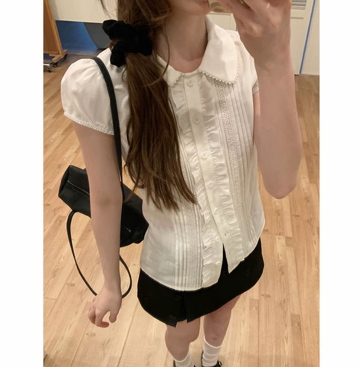 h3272 서울 여고생 여름 한 부서 소녀 센스 베이비 칼라 작은 대중 반팔 셔츠 맨위 여성 상세 이미지 3