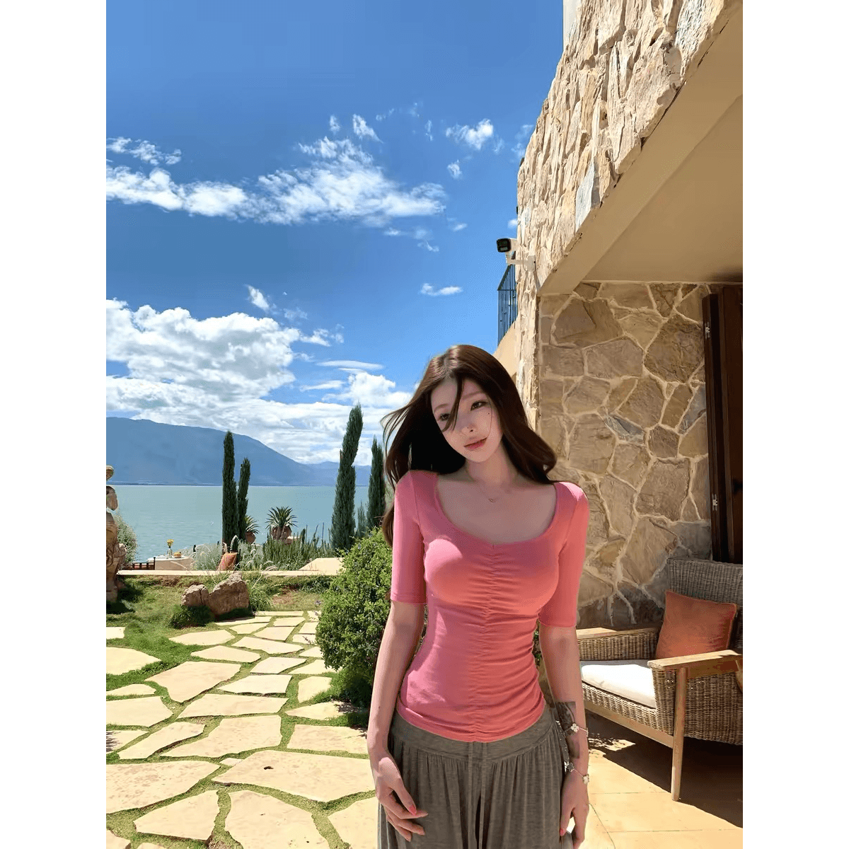suuuicee 커브 건설 세로 3 차원 펌프 Pleat 디자인 허리 수축 순수한 욕망 복숭아 심장 고리 5 점 소매 티셔츠 이미지 5