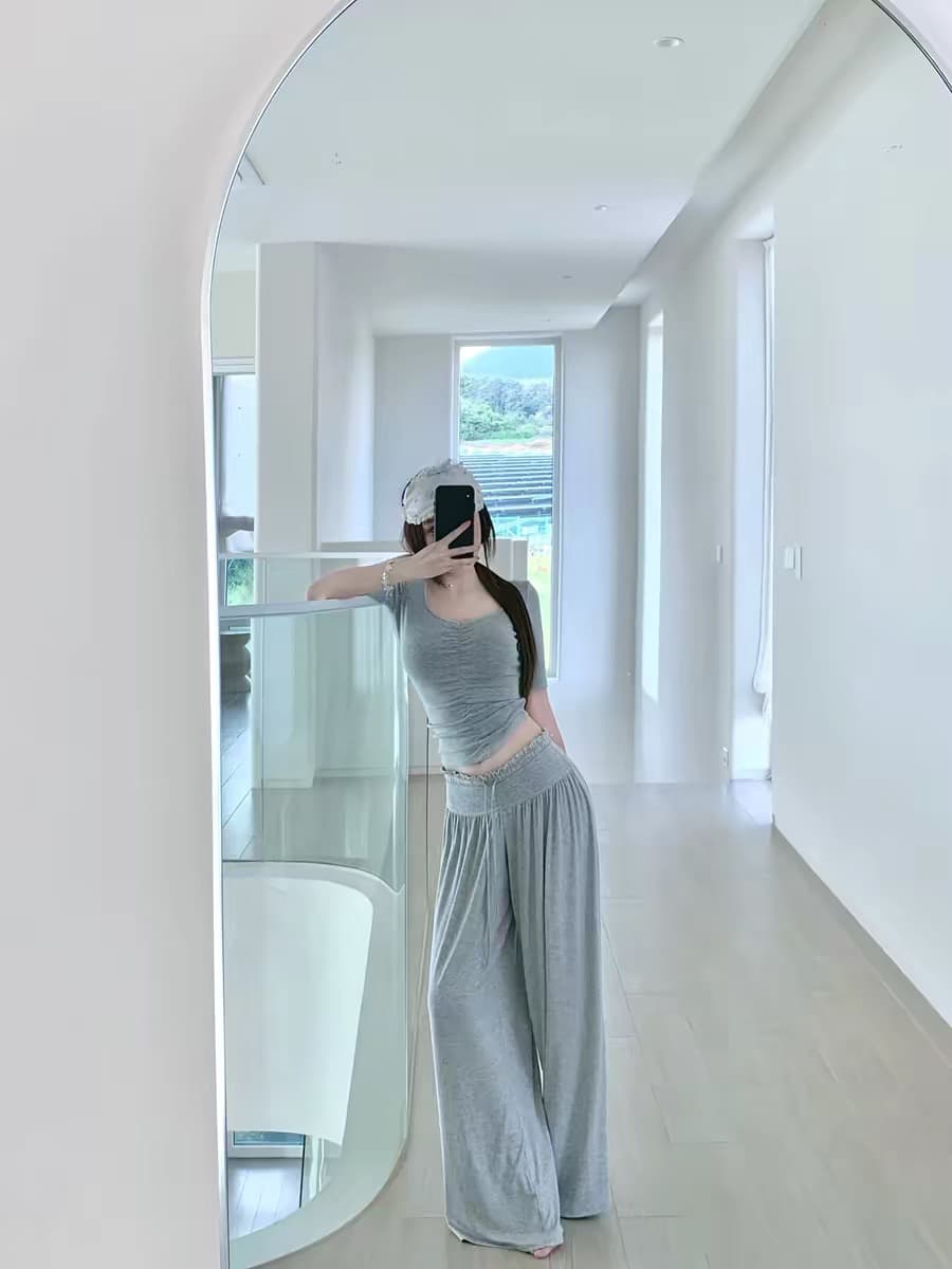 suuuicee 커브 건설 세로 3 차원 펌프 Pleat 디자인 허리 수축 순수한 욕망 복숭아 심장 고리 5 점 소매 티셔츠 상세 이미지 6