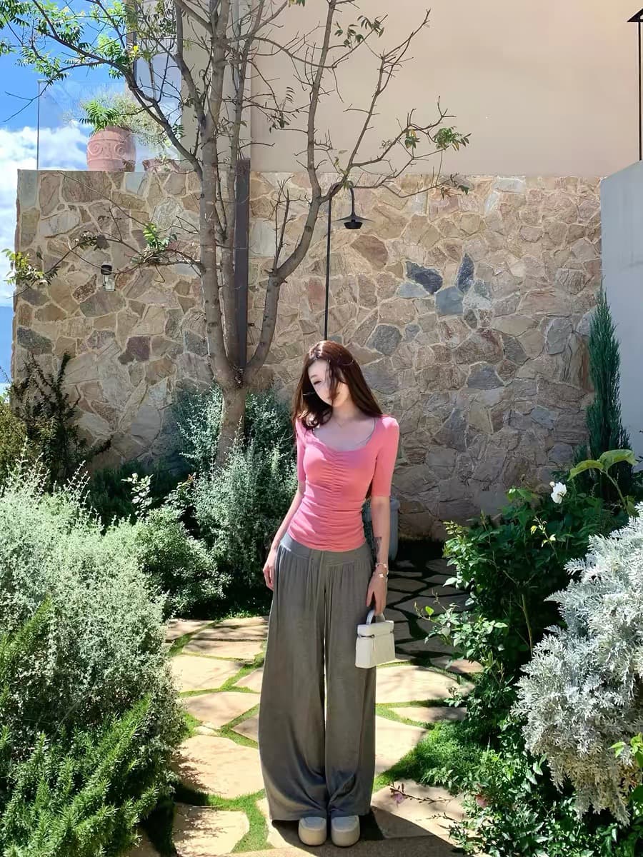 suuuicee 커브 건설 세로 3 차원 펌프 Pleat 디자인 허리 수축 순수한 욕망 복숭아 심장 고리 5 점 소매 티셔츠 상세 이미지 8