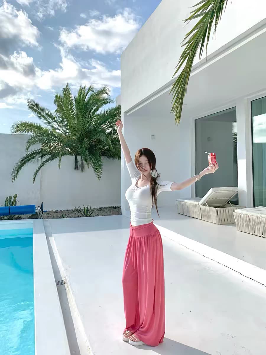 suuuicee 커브 건설 세로 3 차원 펌프 Pleat 디자인 허리 수축 순수한 욕망 복숭아 심장 고리 5 점 소매 티셔츠 상세 이미지 10