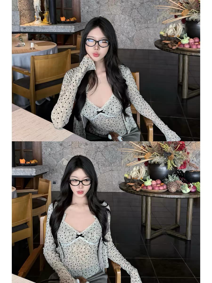 laareetoo 도트 무늬 하트 긴팔 오픈 가디건 여성 여름 레이스 조각 캐미솔 슬림해 보이는 투피스 세트 상세 이미지 3