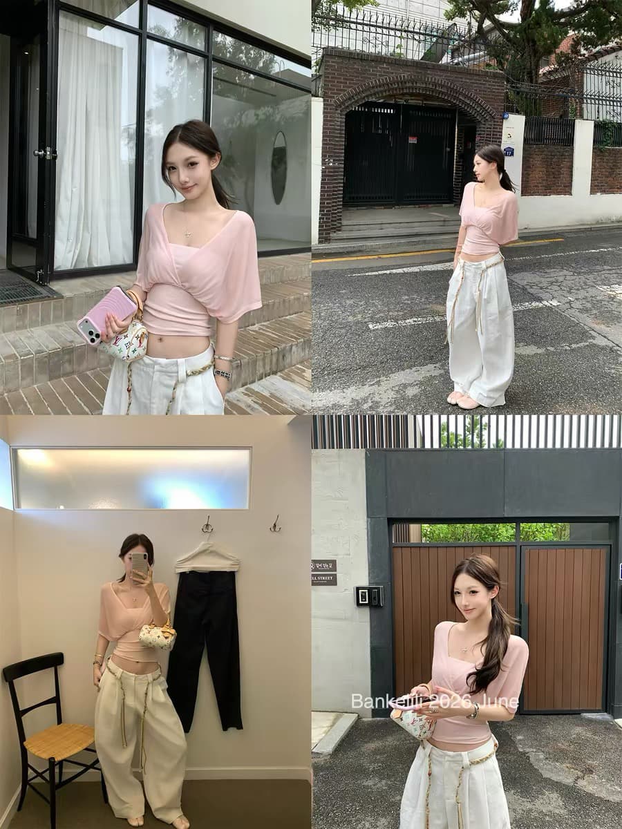 밤나무 코코아 bankelili 산소 얼음 가죽 tee 100 라이 경기 서울 페이크 레이어드 주름 블라우스 튜브탑 여성 상세 이미지 4