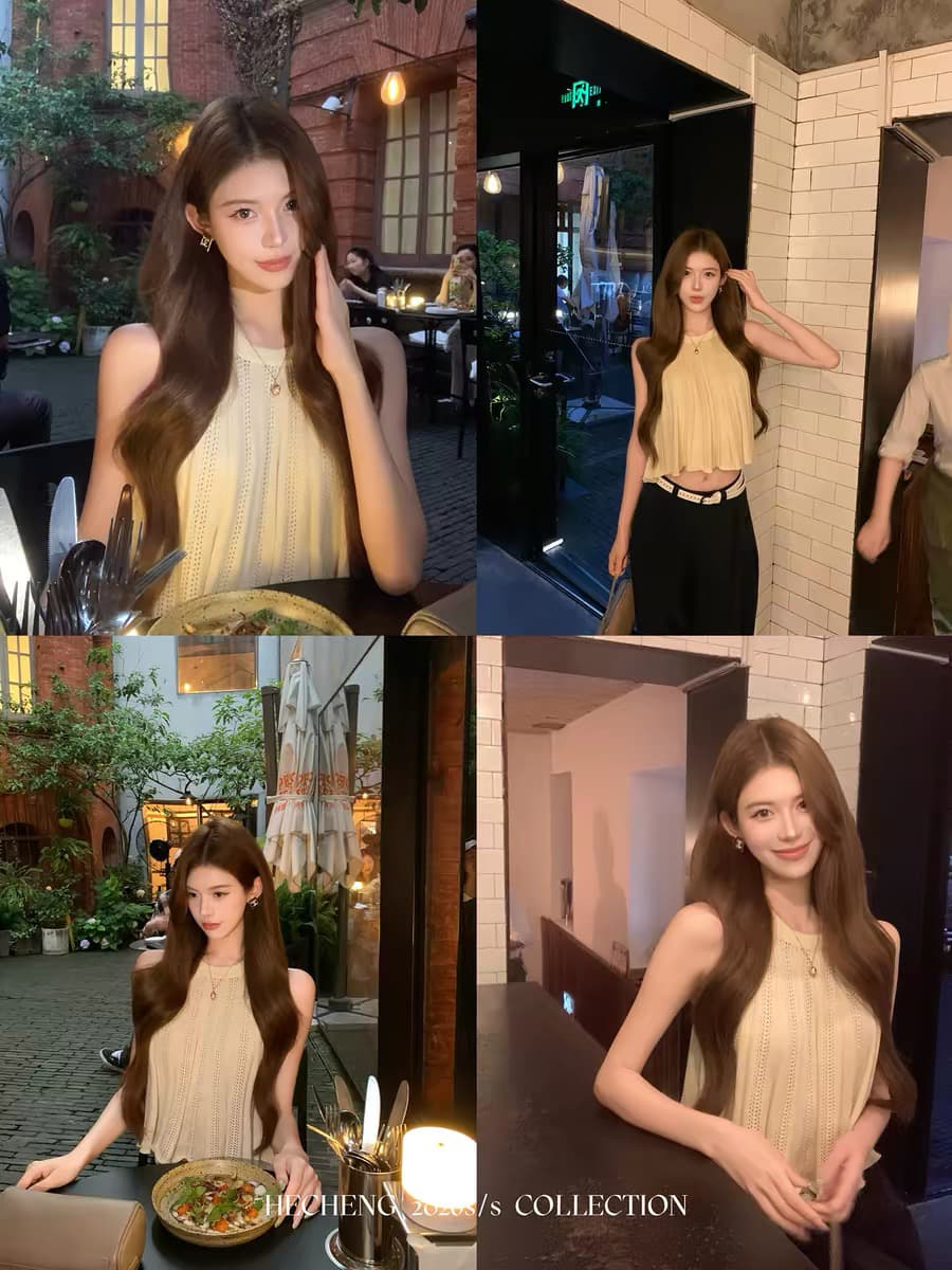 와우 현재 외출용 쇼트 스타일 라운드 넥 민소매 니트 조끼 여성 여름 새로운 디자인 센스 품격 루즈핏 이슬 뼈의 맨위 이미지 4