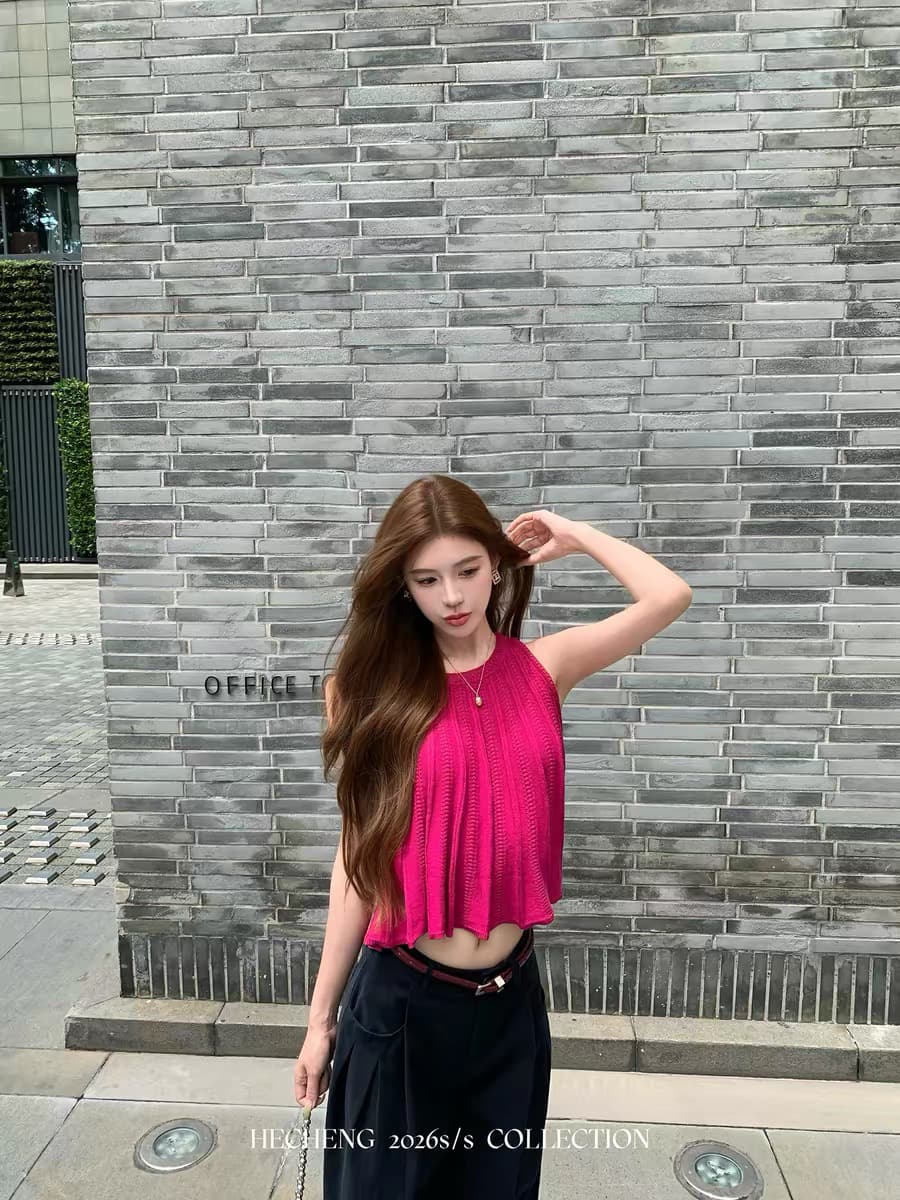 와우 현재 외출용 쇼트 스타일 라운드 넥 민소매 니트 조끼 여성 여름 새로운 디자인 센스 품격 루즈핏 이슬 뼈의 맨위 상세 이미지 3