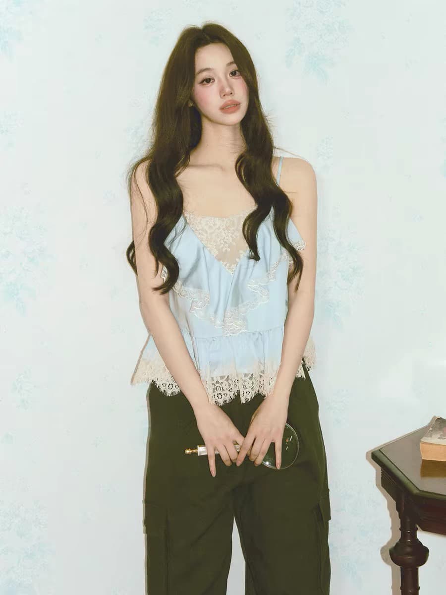 이른 아침 ~ 중 바다 첫사랑 센스 라이 경기 서울 새틴 레이스 레이스 조끼 슬립 여성 이미지 3