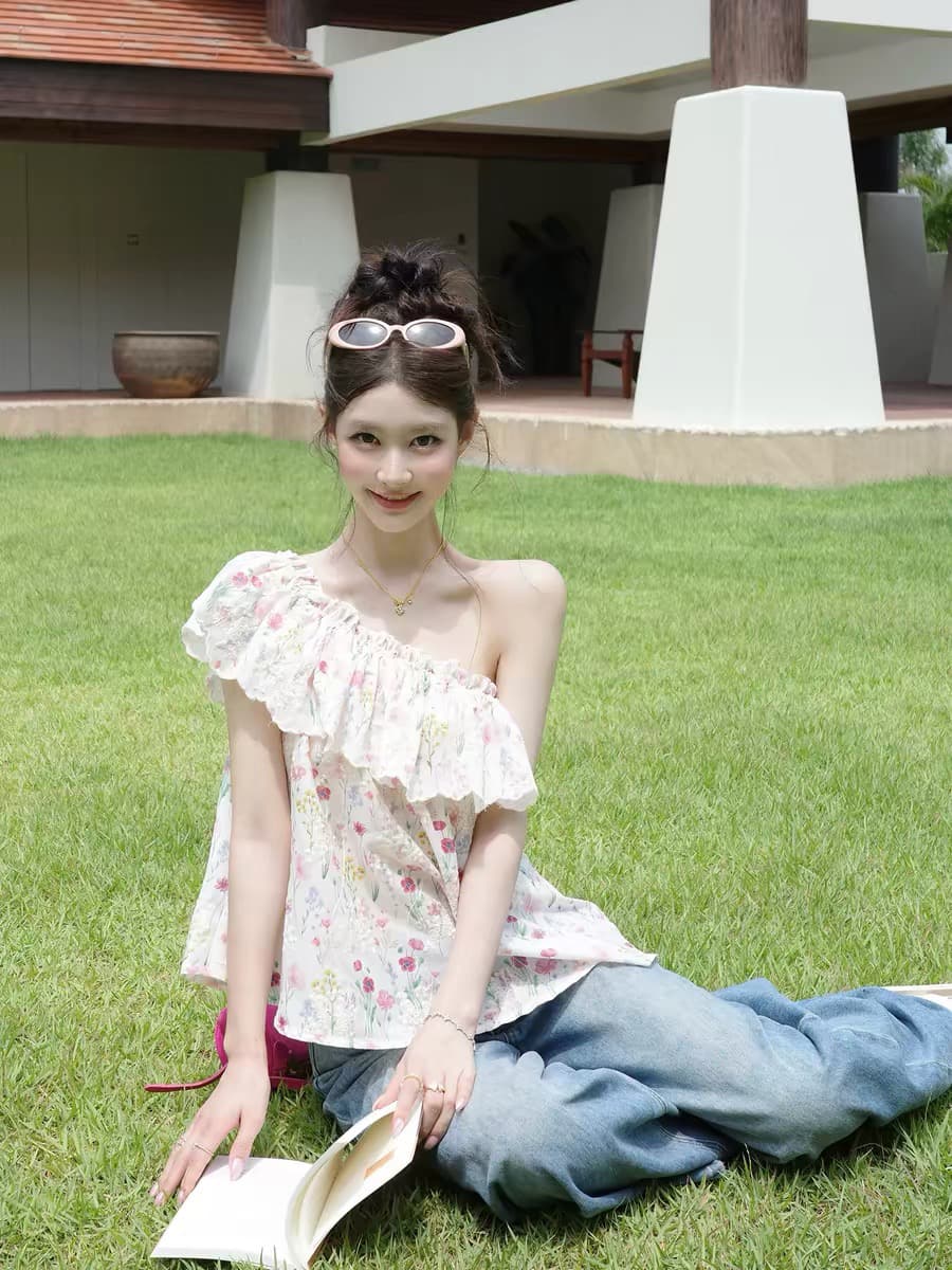 감사합니다. 아니요 고기 꽃무늬 프릴 비스듬한 어깨 티셔츠 여성 여름 부드러운 바람 연령 감소 다용도 루즈핏 작은 청신 맨위 이미지 4