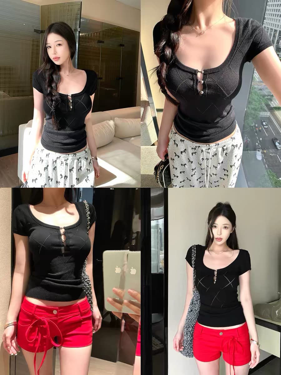 우 너무 달콤한 라이 경기 서울 링 그리드 금속 버클 홀로우 아웃 니트 스웨터 여성 여름 몸매 가꾸기 슬림해 보이는 다용도 u 칼라 반팔 티셔츠 상세 이미지 3