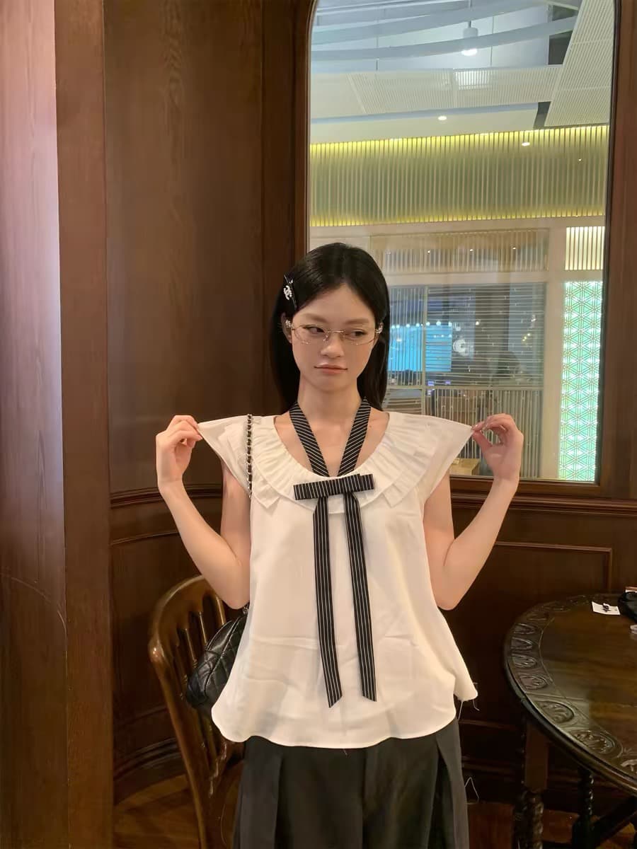 송 긍정적 인 En 화이트 나비 매듭 반팔 여성 셔츠 여름 새로운 한 부서 디자인 루즈핏 작은 날다 소매 맨위 셔츠 상세 이미지 1